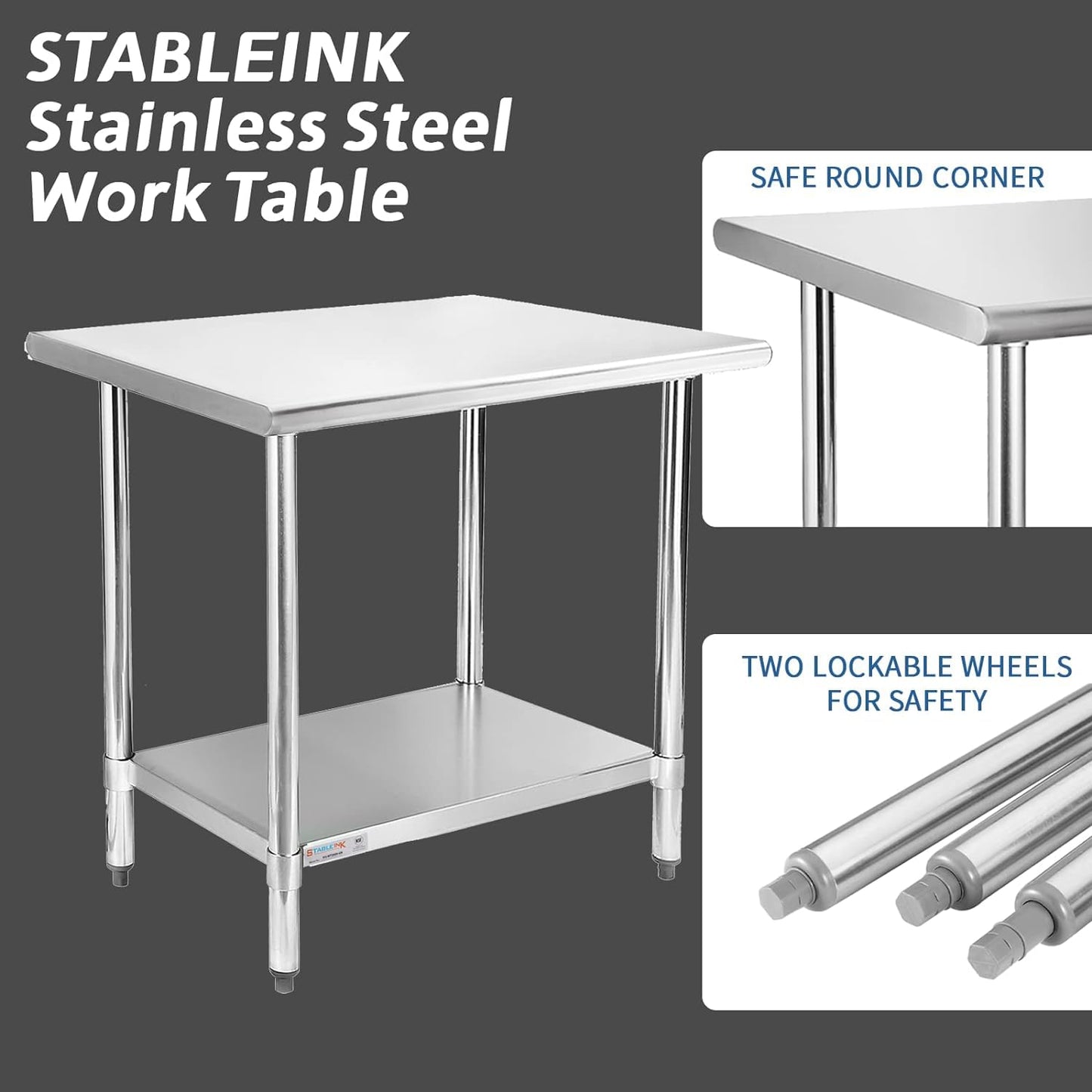 STABLEINK NSF Stainless Steel Prep Table 48x24 Inches 4ft, Metal Work Table with Adjustable Undershelf, for Commercial Kitchen, Restaurant, Hotel, Laundry and Garage