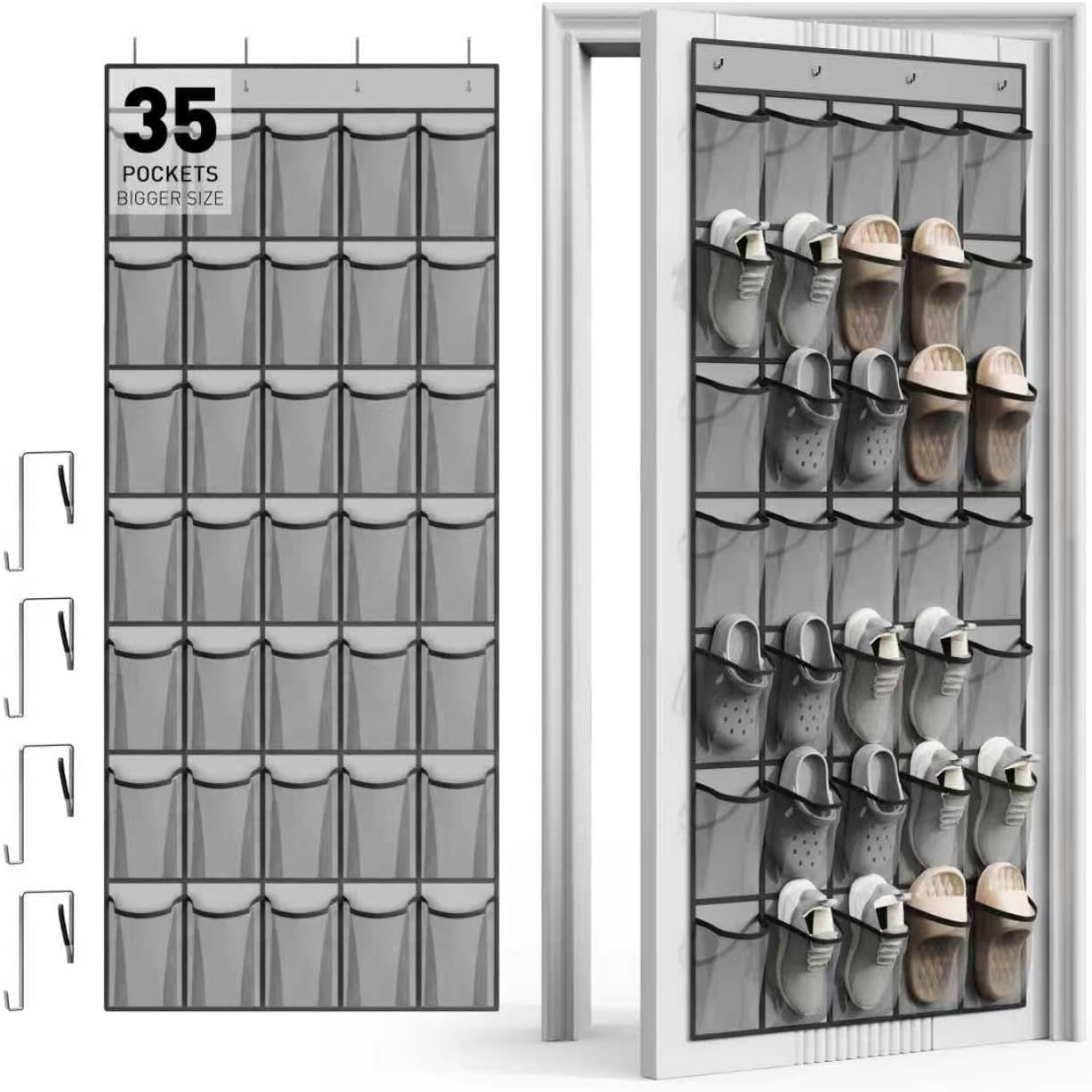 WVM Over The Door Shoe Organizer - 35 Breathable Mesh Pockets | Large Capacity Closet Storage in Grey