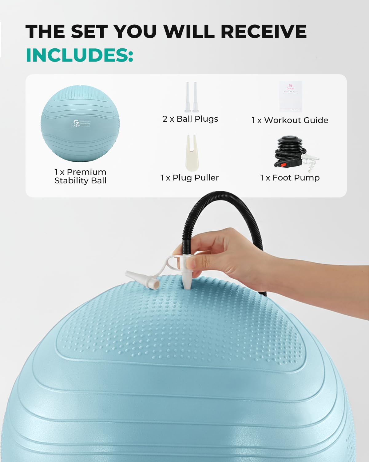 Gruper Yoga Ball, Extra Thick Exercise Ball for Workout Pregnancy Stability - 4 Sizes Anti Burst Balance Ball for Yoga, Pilates, Fitness, Birthing, Physical Therapy - Includes Pump