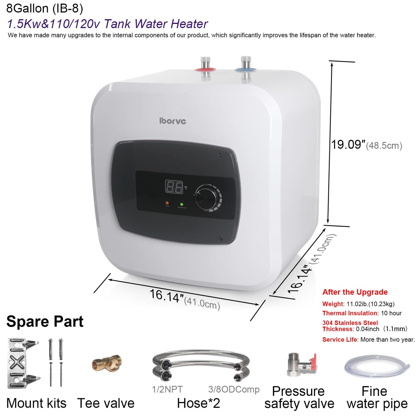 Electric Small Tank 8 Gallon Water Heater,Cabinet Under Sink Instant Hot Water for RV Trailer Camper, Kitchen, Food Truck,120V 1500W Can Shower Alone Set Complete & 304 Stainless Steel(30L)