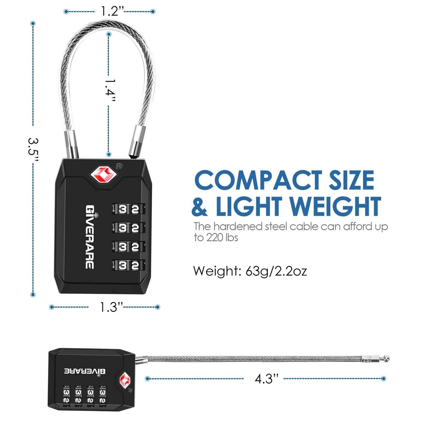 2 Pack TSA Approved Travel Luggage Locks, 4-Digit Cable Combination Suitcase Lock, Metal Alloy Padlocks, Weatherproof Padlock for Locker, Bag, Gun Case, Backpack, Anti Theft, Easy Read Dials-Black