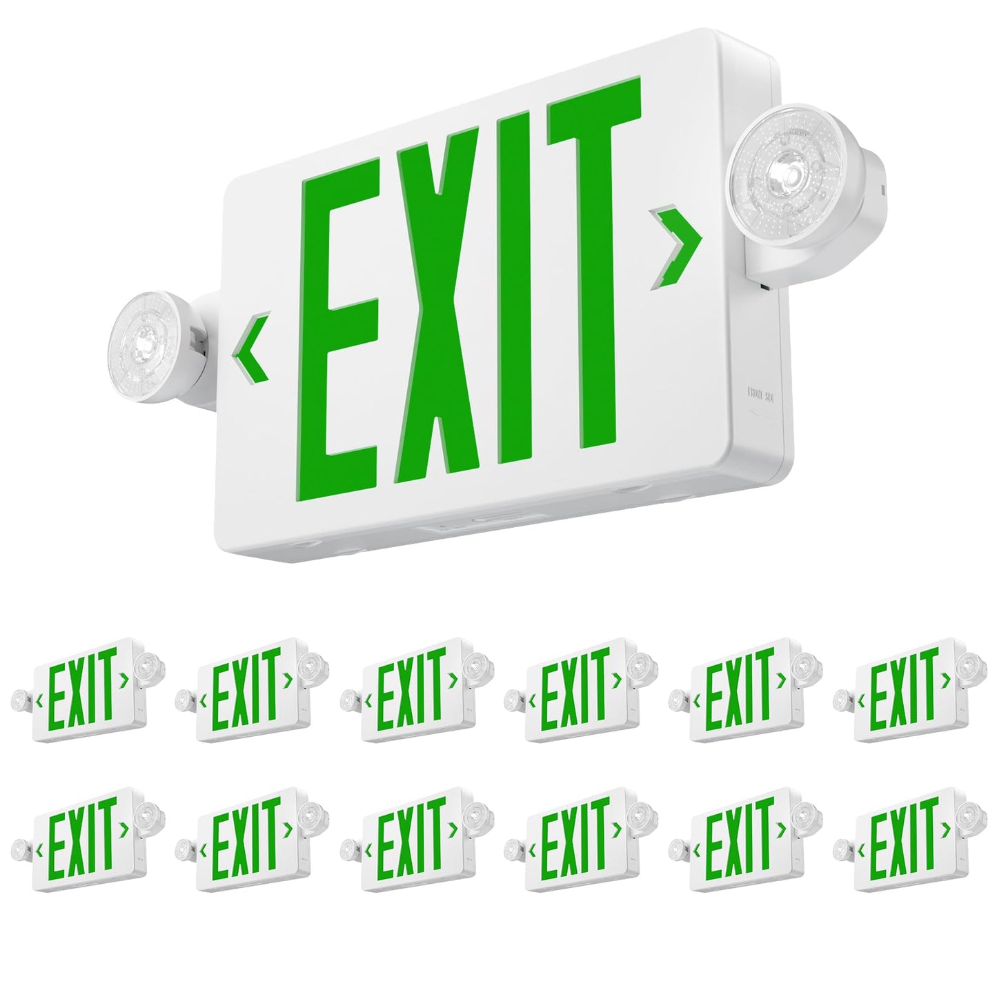 Amico 12 Pack Green Exit Signs with Emergency Lights, Commercial Grade 94V-0 Fire Resistant, Two LED Adjustable Heads, 90-Minute Battery Backup, ETL Certified 120/277V, Wall or Ceiling Mount