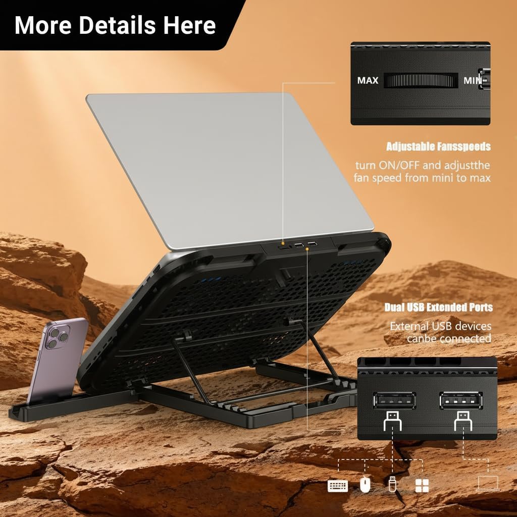 AISUNKUTECH 3 5-Level 2 12-17 Inch Laptop Cooling Pad with Quiet Fans, Height Adjustable Ergonomic Stand, USB Ports
