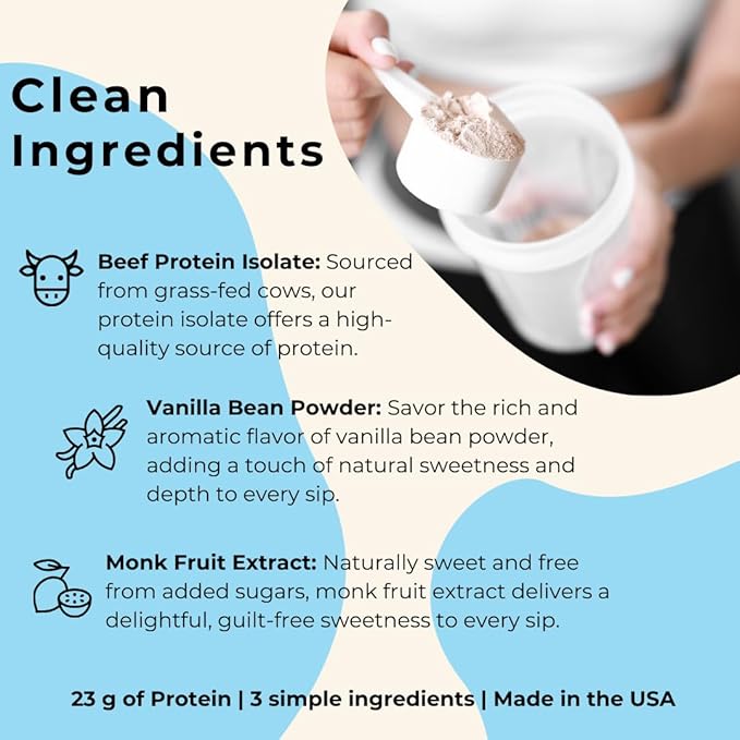 Grass Fed Beef Protein Powder Isolate - AutoimmuniTea, 23g of Paleo Carnivore Protein, Keto Friendly, Grain Free, No Dairy or Soy, No Whey, Stevia Free, Vanilla Flavor - 2lbs of Prime Muscle Building
