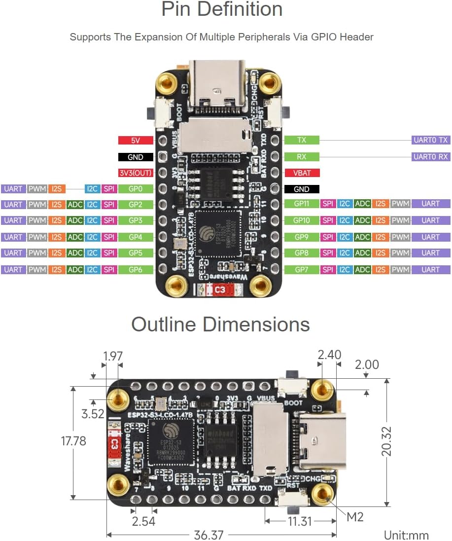 waveshare ESP32-S3 1.47inch 172320 262K 2.4GHz 5 LCD Display Development Board Type B with pre-soldered Header