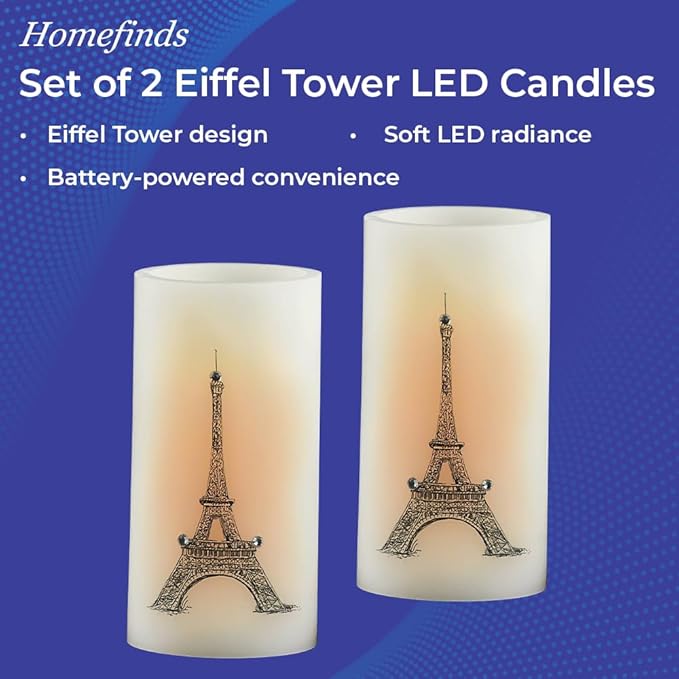 SAGEFINDS Eiffel Tower LED Candles, Set of 2, Flameless Real Wax Pillar Candles, Battery Operated, 6” x 3”