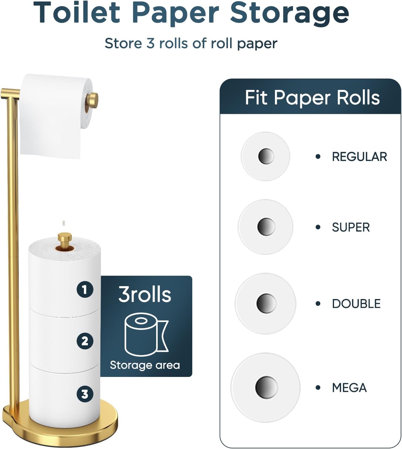 Theaoo Heavy-Duty Toilet Paper Holder Stand - Modern Freestanding Stainless Steel Tissue Roll Holder (Gold)