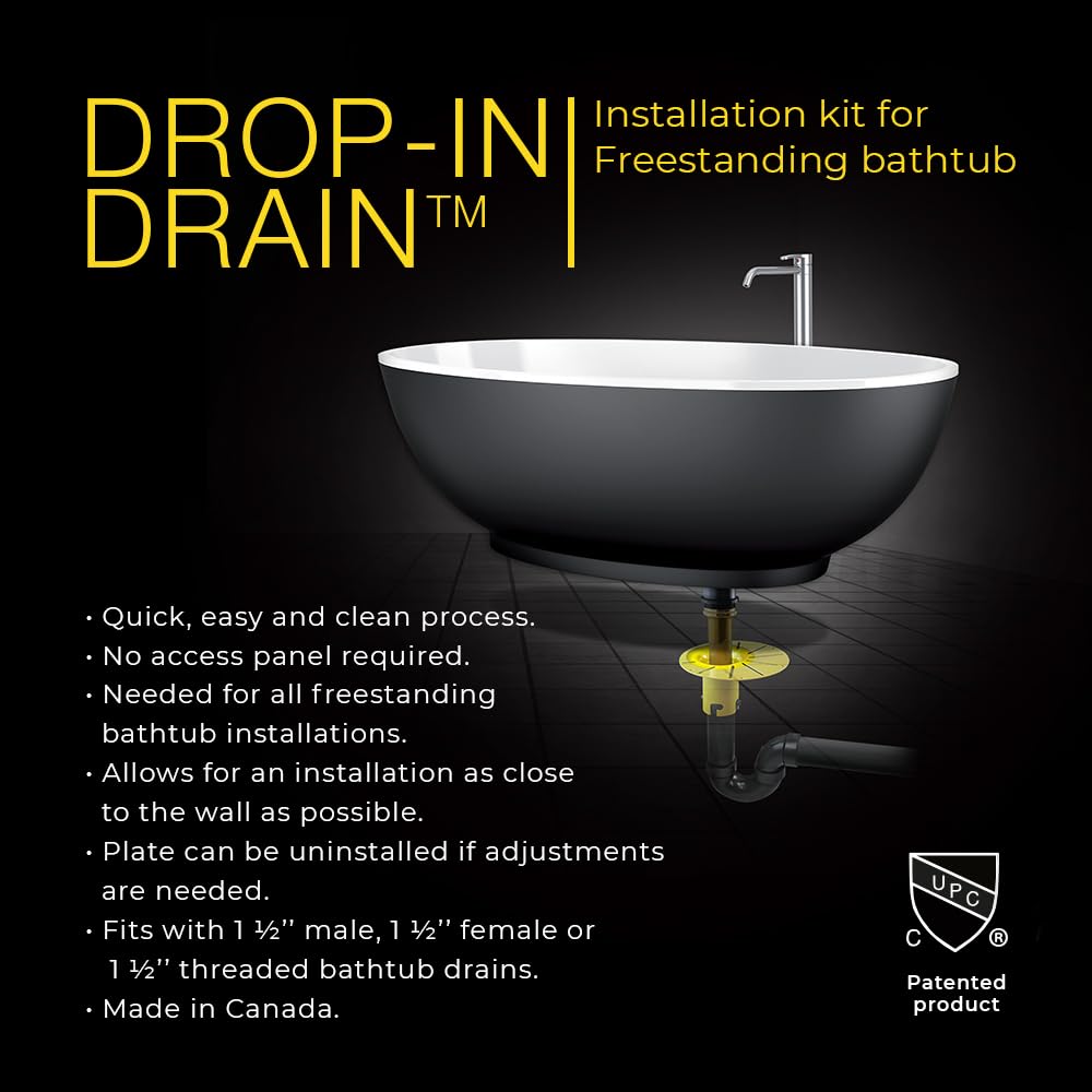 Drop-In Drain Installation Kit for Freestanding Tubs | Black ABS & Brass Pipes | Fits 1-1/2” Male, Female or Threaded Drain | Quick, Leak-Proof Connection | Easy DIY Install