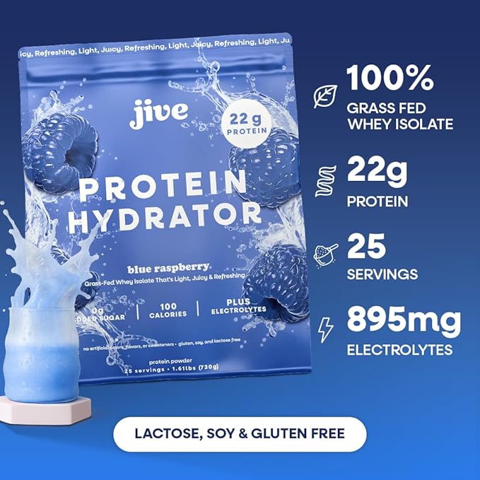 Jive Clear Protein Powder - 22g Grass-Fed Whey Isolate, 25 Servings - Blue Raspberry - 895mg of Electrolytes - Zero Added Sugar - Clear Drink Protein Water & Juice