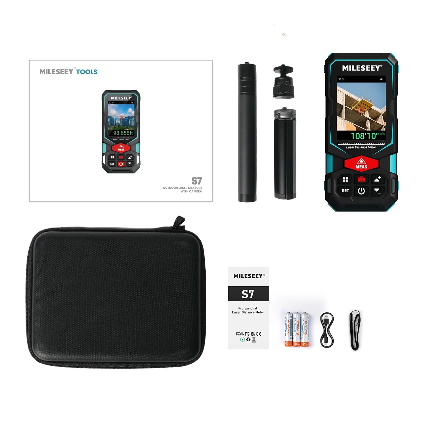 MILESEEY 330Ft Outdoor Laser Measure with Camera Viewfinder, Includes Adjustable Aluminum Tripod with Portable Handle and Protection Case for Protection and Organization