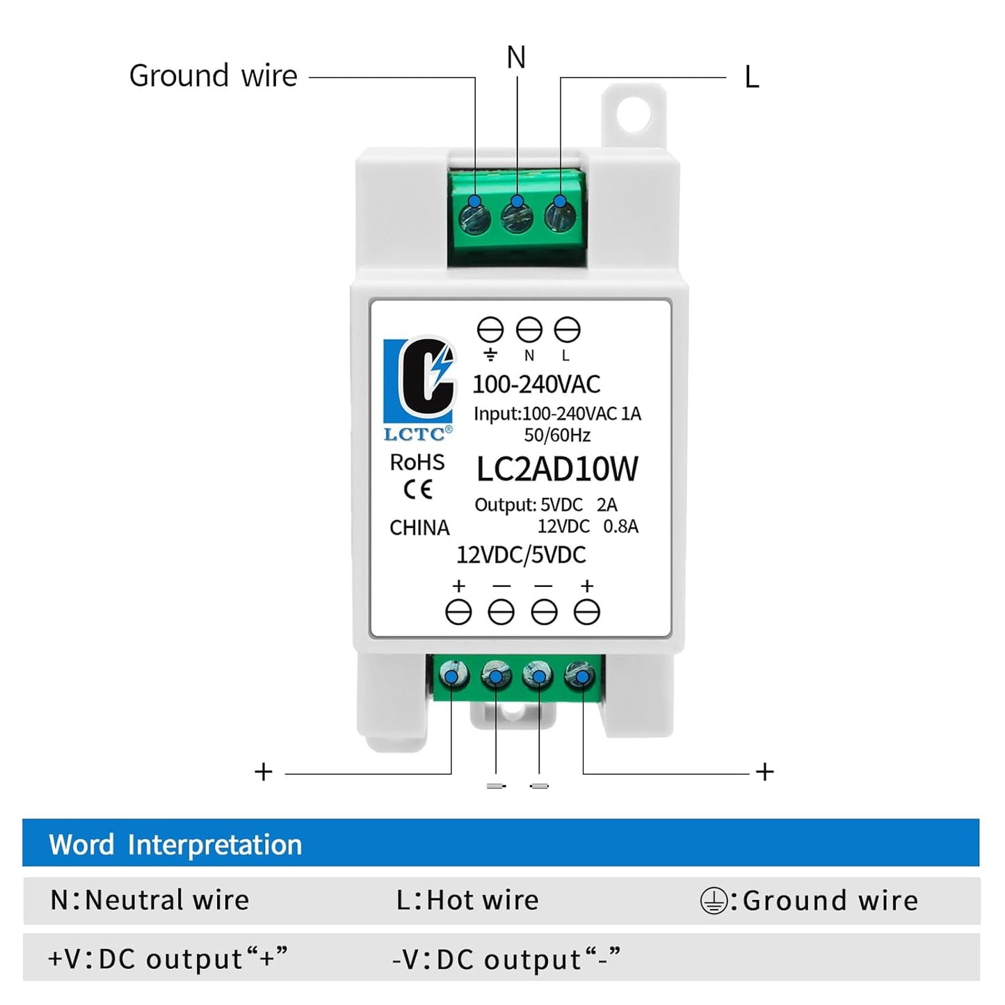 LCLCTC 5V 12V Rail2A 0.8A,Dual 10W,Input 100-240Vac,120VAC 115v 5 Power Supply din Output to Volt, LED, CCTV, Arduino