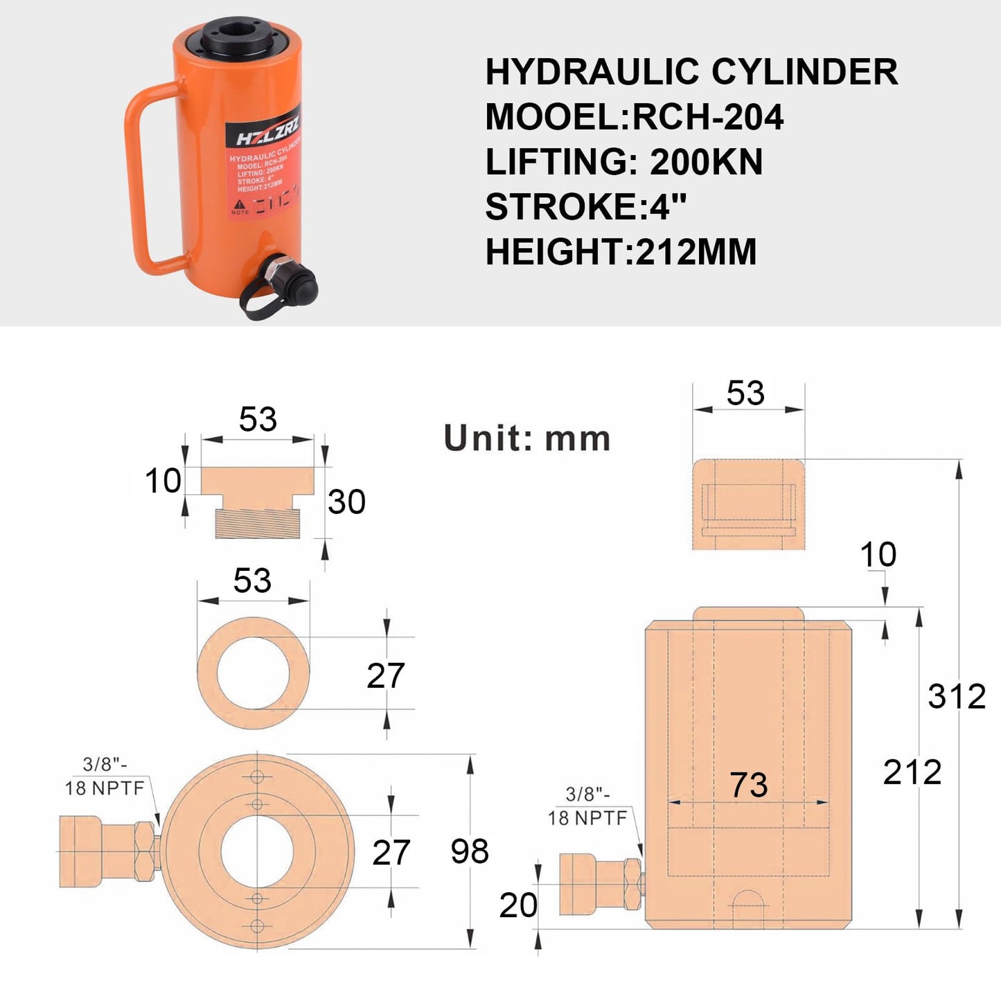 HZLZRZ 20T Hydraulic Cylinder Jack Hollow Single Acting Hydraulic Ram Cylinder, Hydraulic Lifting Cylinders 4"(101mm) and Porta Power Kit (RCH-204)