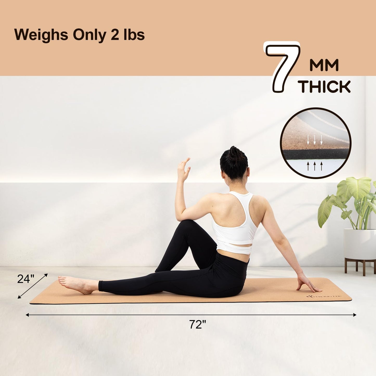 StrongTek Cork Yoga Mat, Non-Toxic & Eco-Friendly, 7mm Thick with Non-Slip Cork + TPE Surface, 72"x24", for Hot Yoga, Pilates & Home Fitness, Lightweight Cushioned with Carry Strap