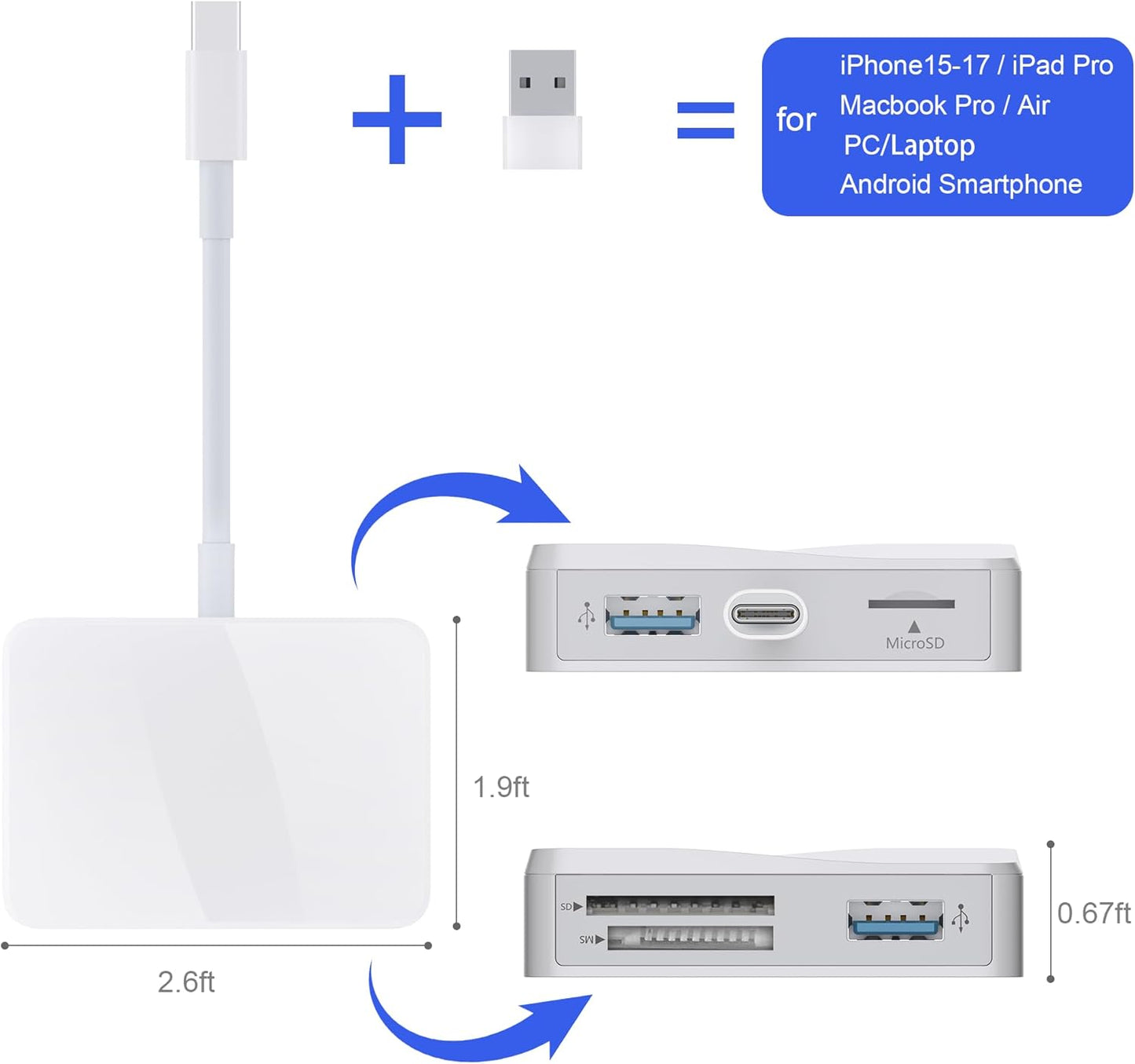 Xoqby 5 1 17/16/15 M4/M3 SD Card Reader, in USB-C & USB Card Adapter with SD/MicroSD/MS and Dual USB-A Ports Memory
