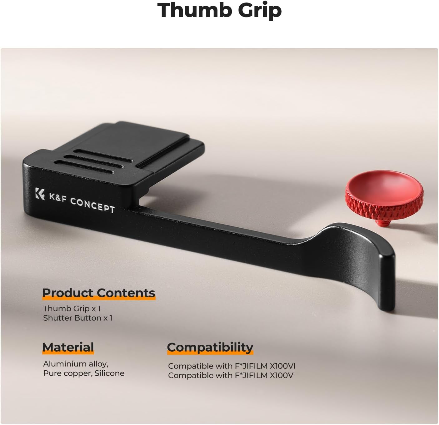 X100VI X100V, K&F CONCEPT Camera Thumb Grip with Red Shutter Button Compatible with FUJIFILM Black