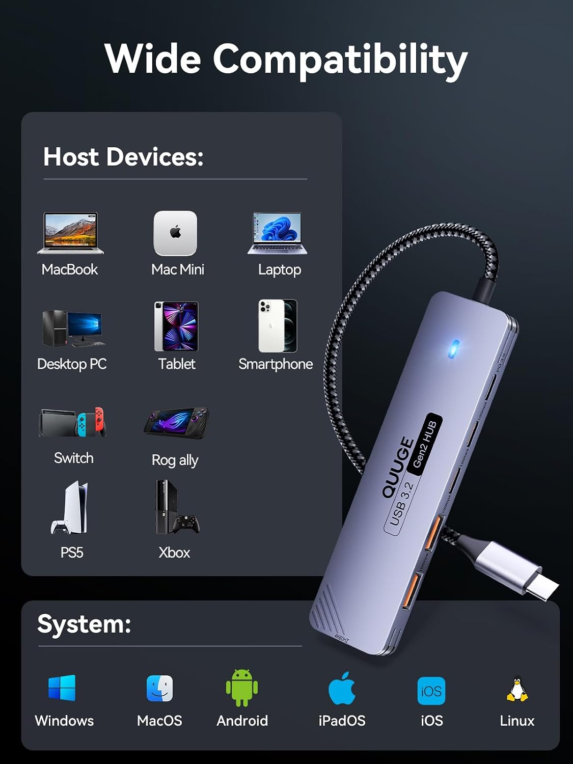 QUUGE 10Gbps, 6-in-1 4K@60Hz 100W 2 3.2 30cm USB C Hub Aluminum Multiport Adapter for Laptops, USB C to HDMI Adapter