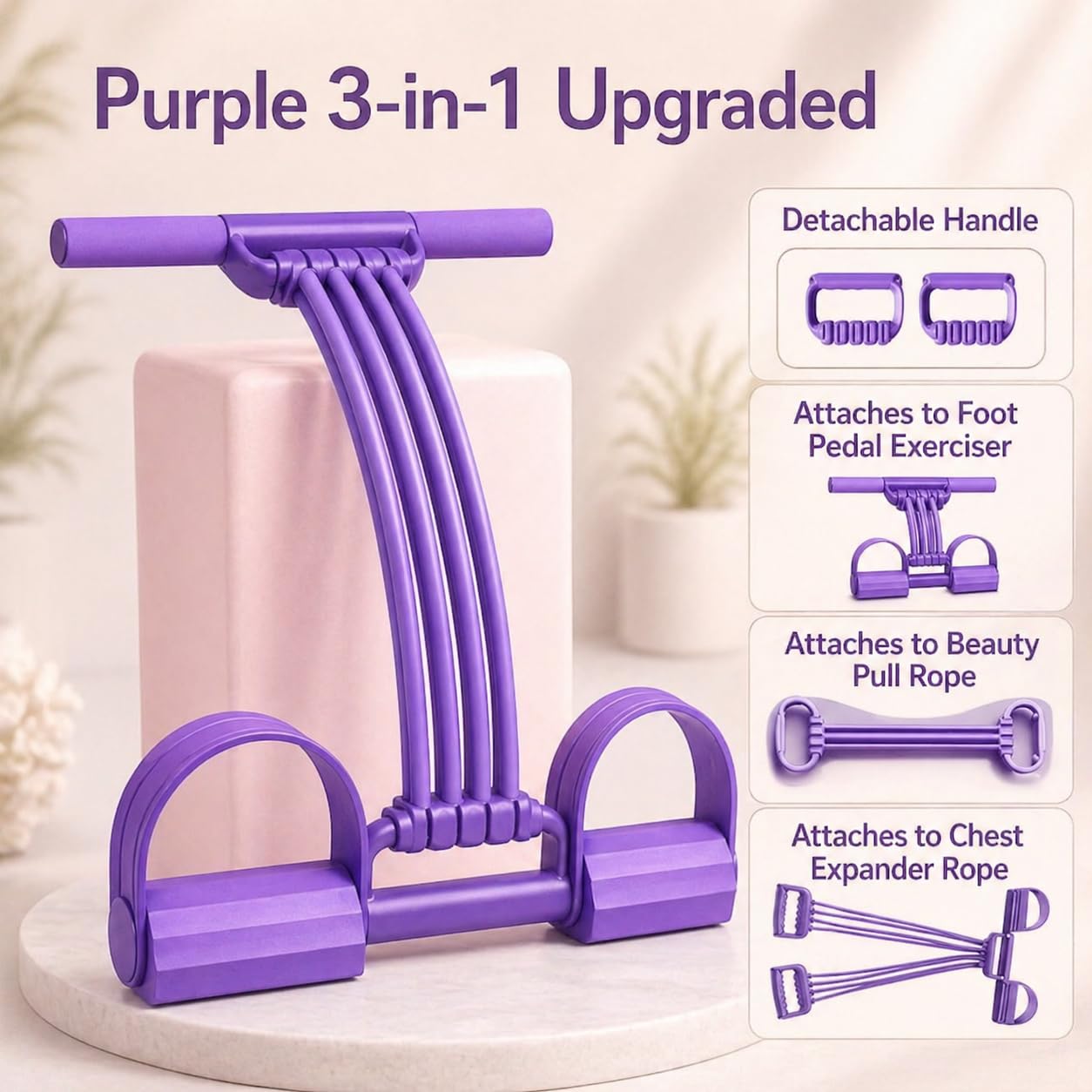 2026 Upgrade Pedal Resistance Band with Handle,8 Tube Detachable Elastic 3-in-1 Multifunctional Foot Pedal Resistance Assistance Expander for Foot Pedal Pull, Back Stretch & Chest Expand (Purple)