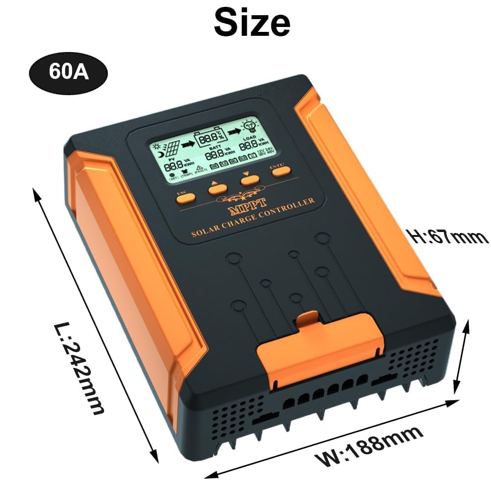 SolaMr Updated 60A 180V MPPT Solar Charge Controller 12V/24V/36V/48V, LCD Screen Solar Panel Controller for Gel Sealed Flooded and Lithium LiFePO4(CM60A)
