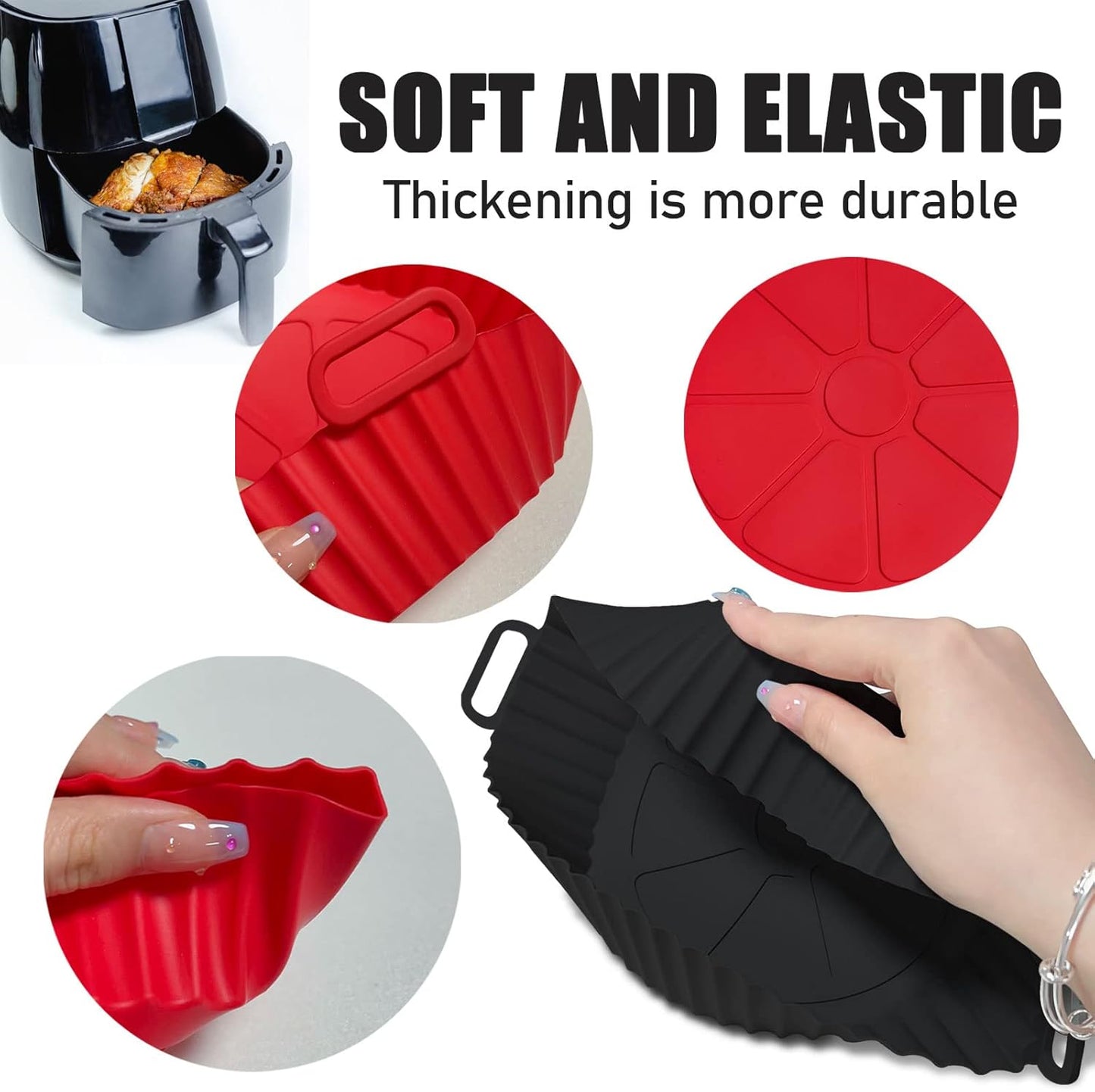 Skiennix Air Fryer Silicone Liners - Reusable 8-Inch Baking Tray for 3 to 5 Qt Ovens | Red & Black