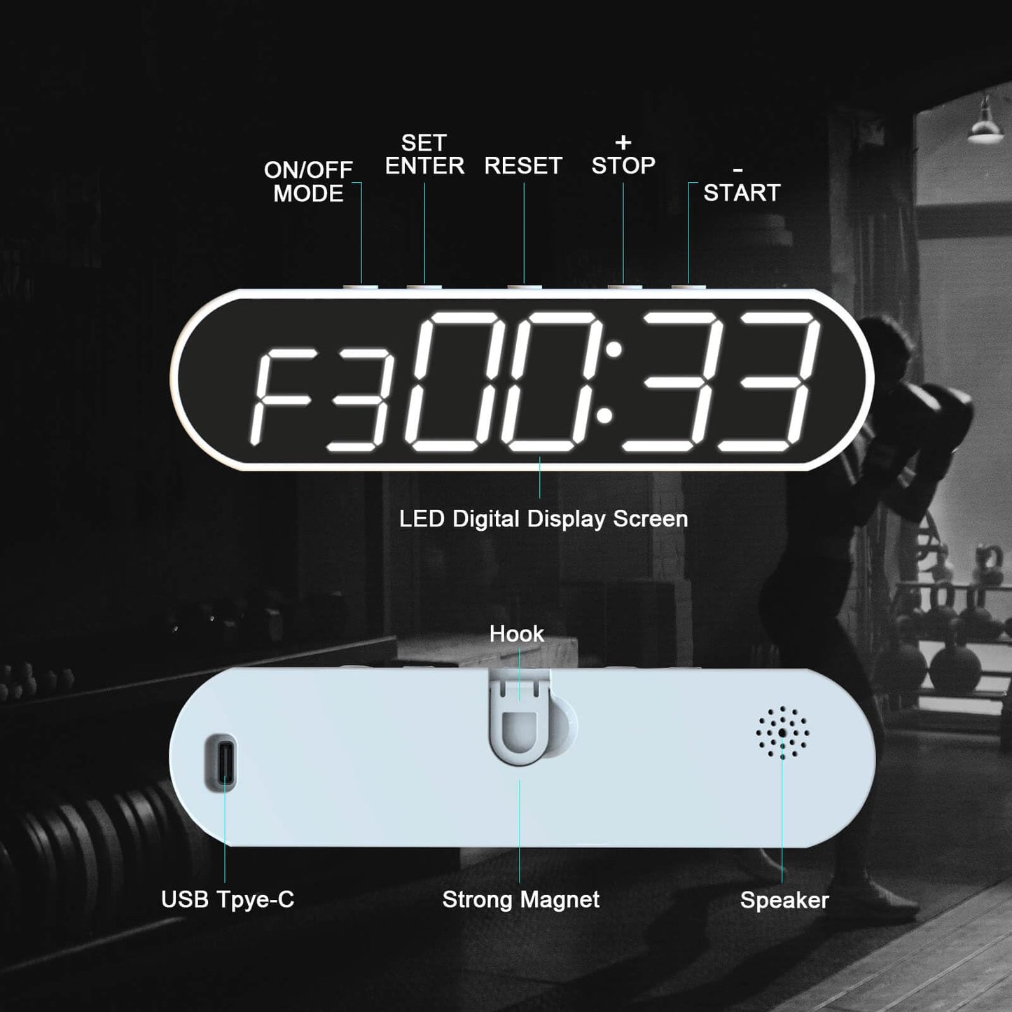 Mkuronbiuty Portable LED Gym Timer, Workout Clock for HIIT Tabata Fitness at Home,Garage,Outdoors. Multiple functionality with Customizable Interval Setting, Easy to Read Display.