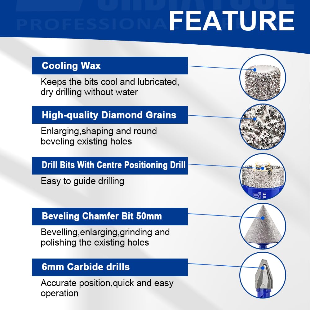 SHDIATOOL Tile Diamond Drill Bits Kit, Porcelain Hole Saw Sets, Ceramic Core Bits Cutter Drilling for Stone Marble Granite 16pcs(6/8/10/25/28/32/35/45/65MM/20MM/2/6/6MM)