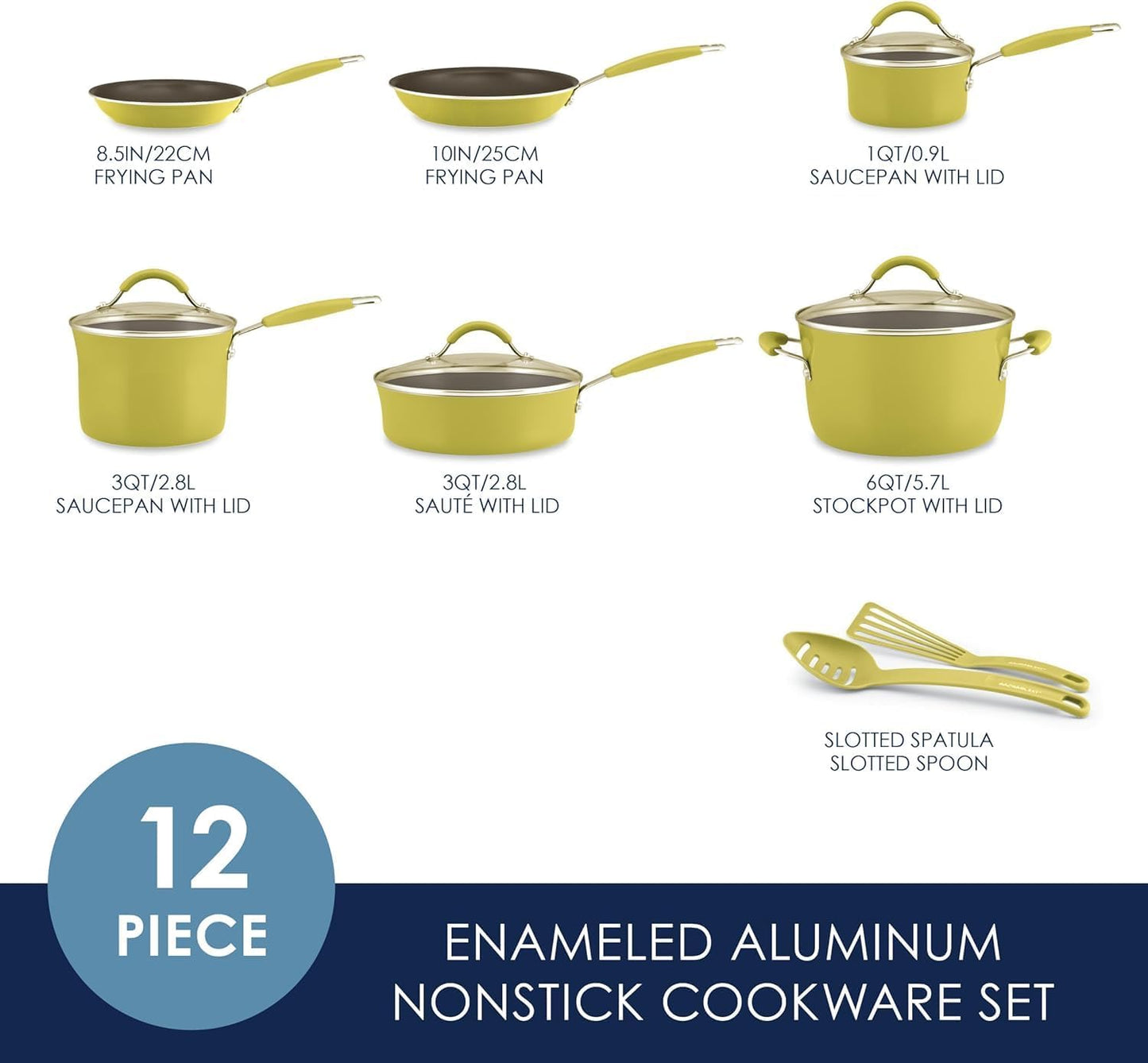 Rachael Ray Cucina Nonstick Cookware Set - 12 Piece in Lemongrass Green for Effortless Cooking