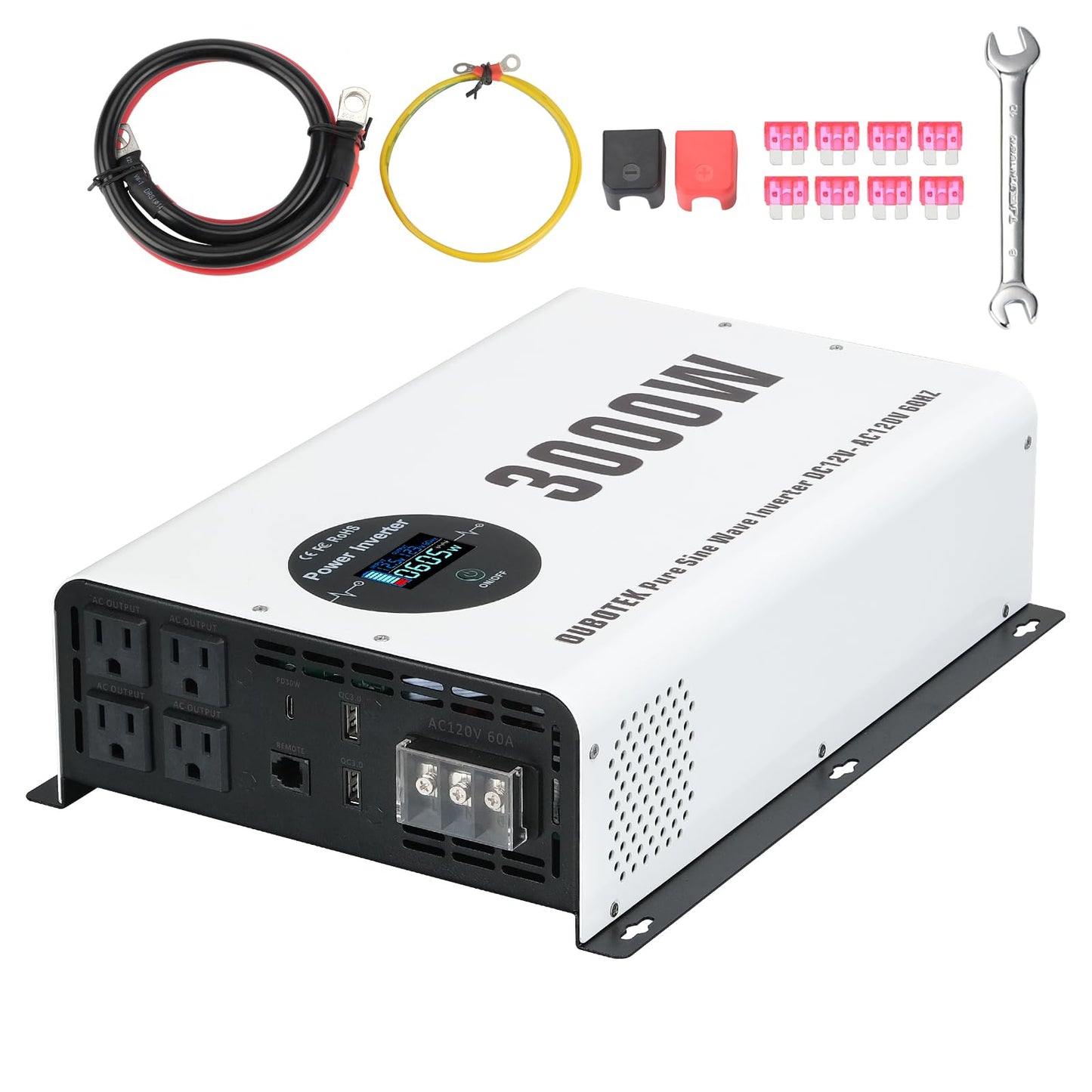 OUBOTEK Power Inverter 3000 Watt Pure Sine Wave DC 12V to AC 120V Car Converter with LCD Display 4 AC Outlets and Hardwire Port for RV,Truck,Home,Off Grid Solar System