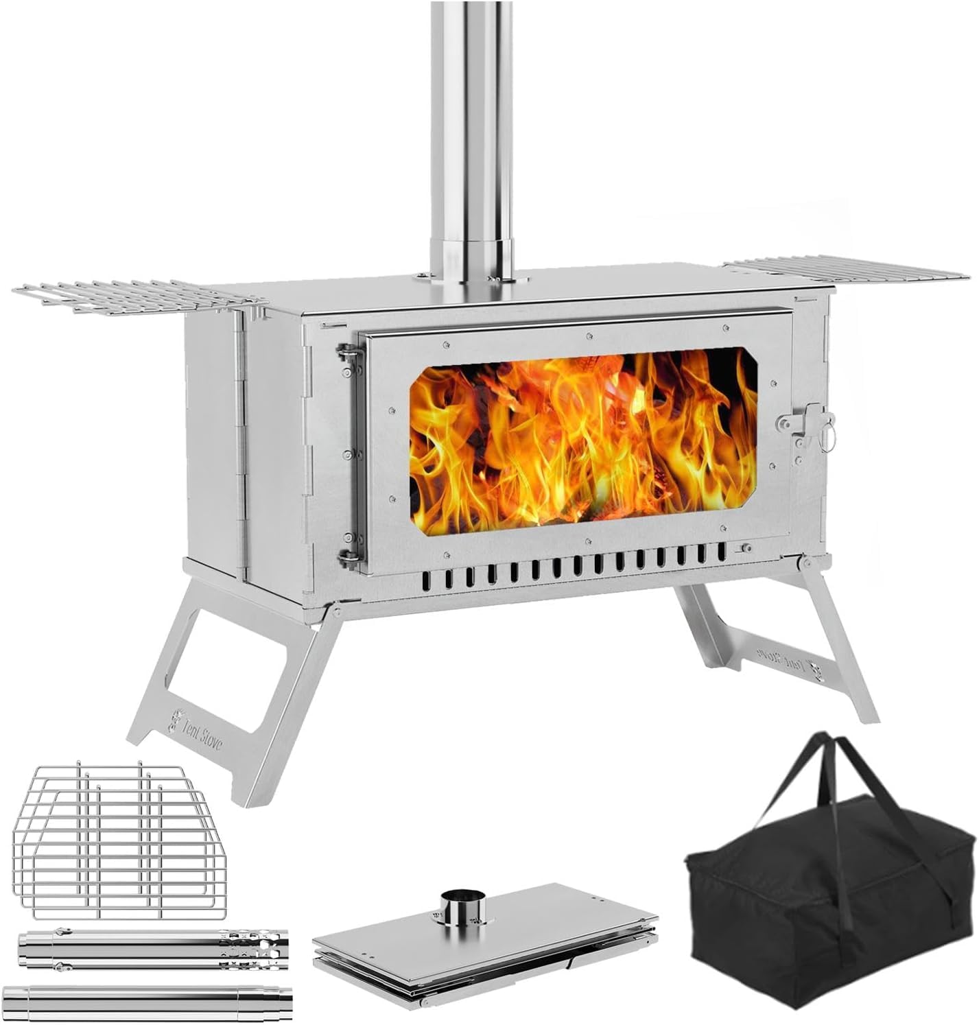 Stainless Steel Camping Tent Stove with Pipe & Bag, Portable Wood Burning Stove for Outdoor Cooking, Hot Tent, Backpacking, Firewood, Folding Camp Wood Stove for Camping with Grill