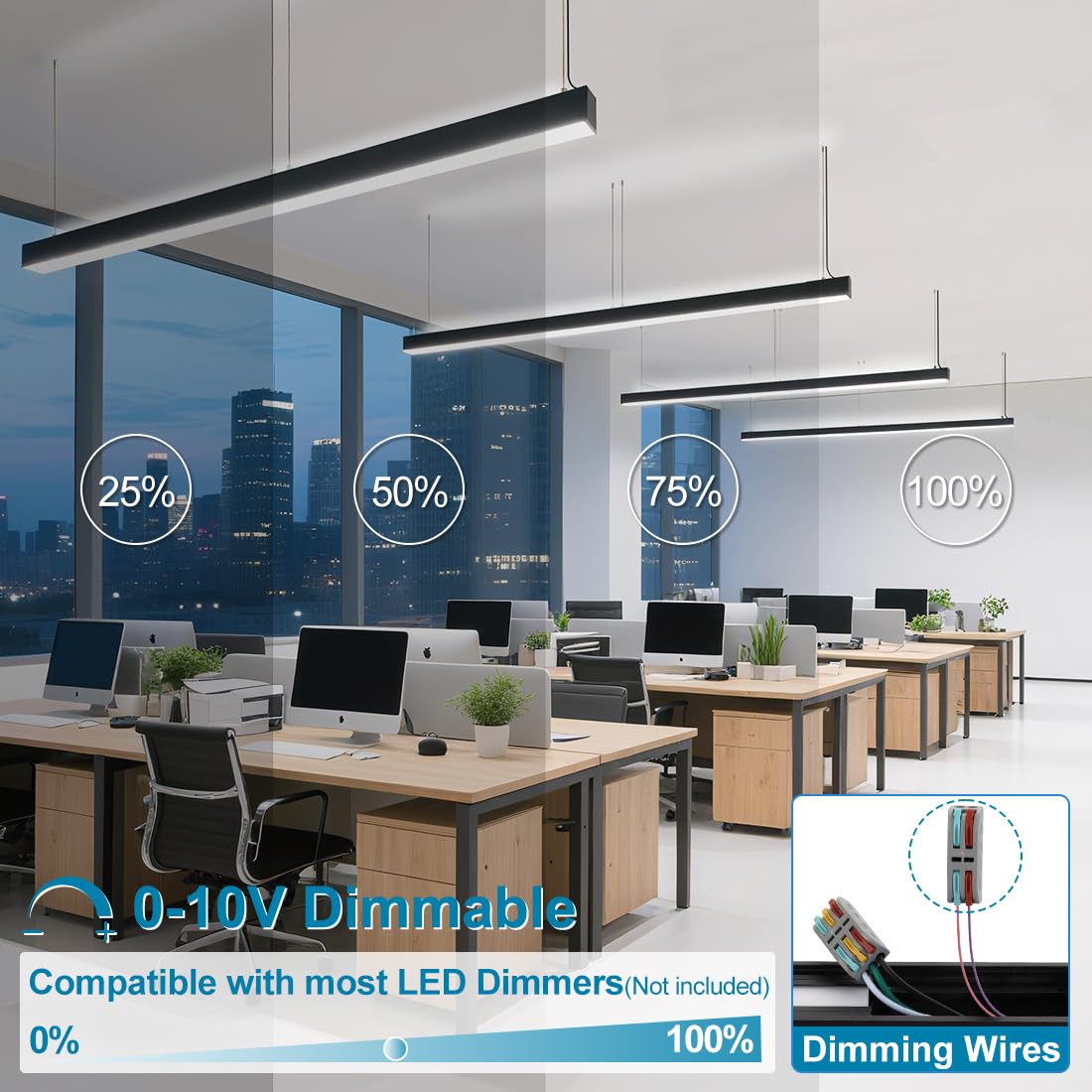 Xbuyee 8FT Linkable LED Linear Light, 100/90/80/70/60W Adjustable, 3000K/4000K/5000K Selectable Linear Lighting Fixture, 0-10V Dimmable Architectural Hanging Office Shop Light for Retails, ETL 2Pack