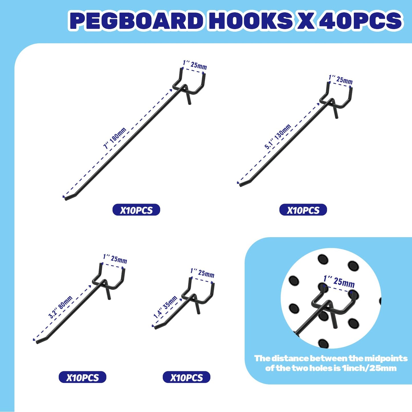 Waltool 40Pcs 2" /50mm Stainless Steel Pegboard Display Hooks Bulk Set, Black Garage Organization Peg Wall Hook Metal Slatwall Panel Hook Fit 1/8 and 1/4 Inch Pegboard for Retail