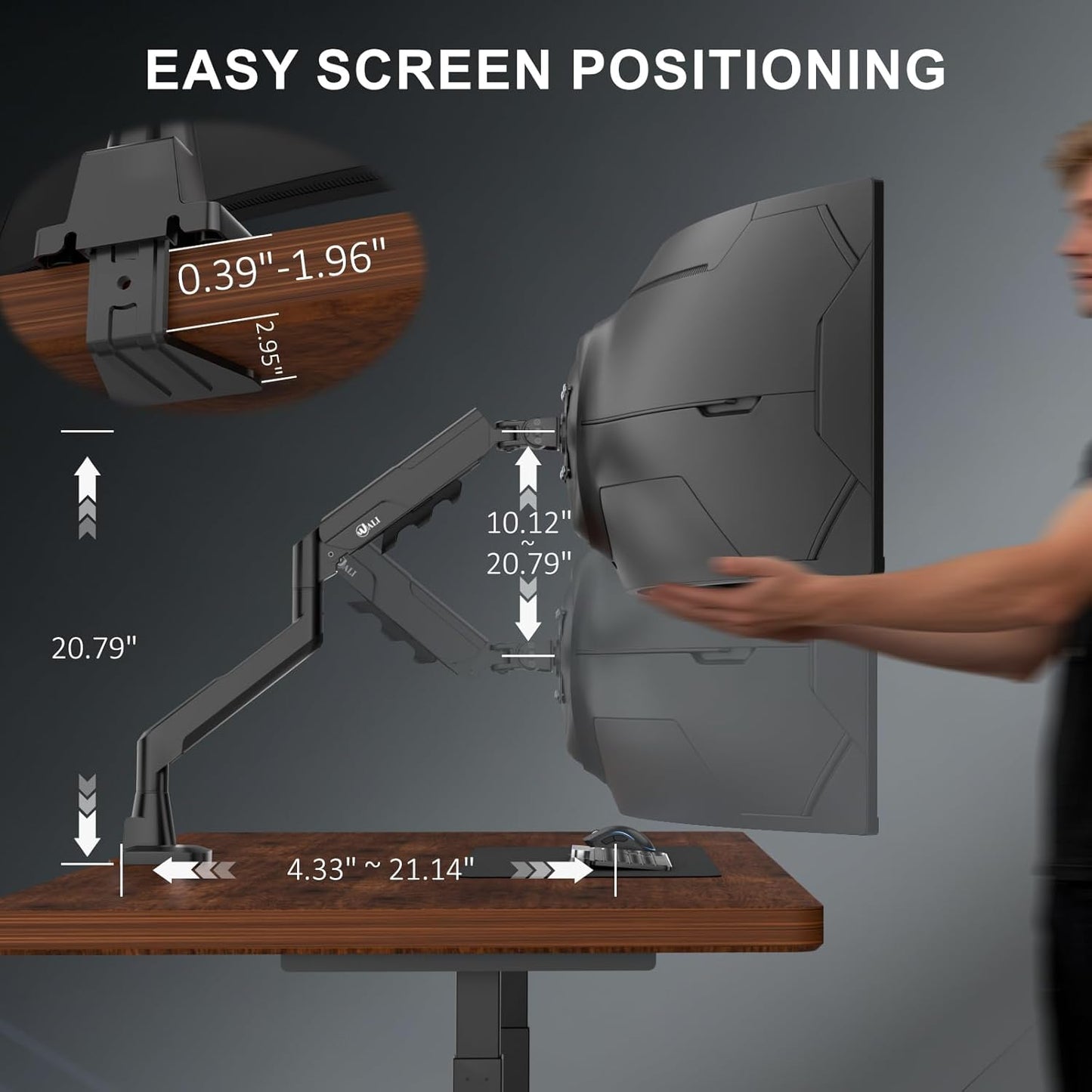 WALI 17-49 Inch 33 Lbs, 75/100mm (GSM001XLN), Heavy Duty Single Monitor Arm for Flat Curved Ultrawide Screens, up