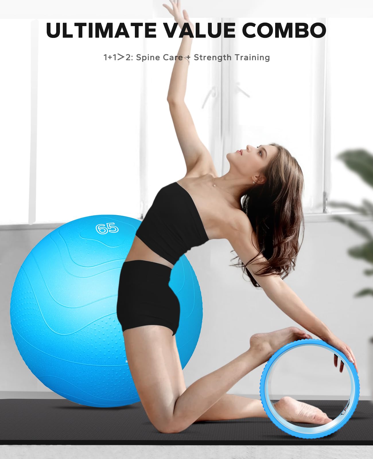 HAPBEAR Back Roller - Yoga Wheel Set with 26'' Exercise Ball – 12'' PP Inner Core Spine Alignment Tool for Back Pain Relief, Core Strength & Full-Body Workout, for Home Gym & Therapy – Pump Included