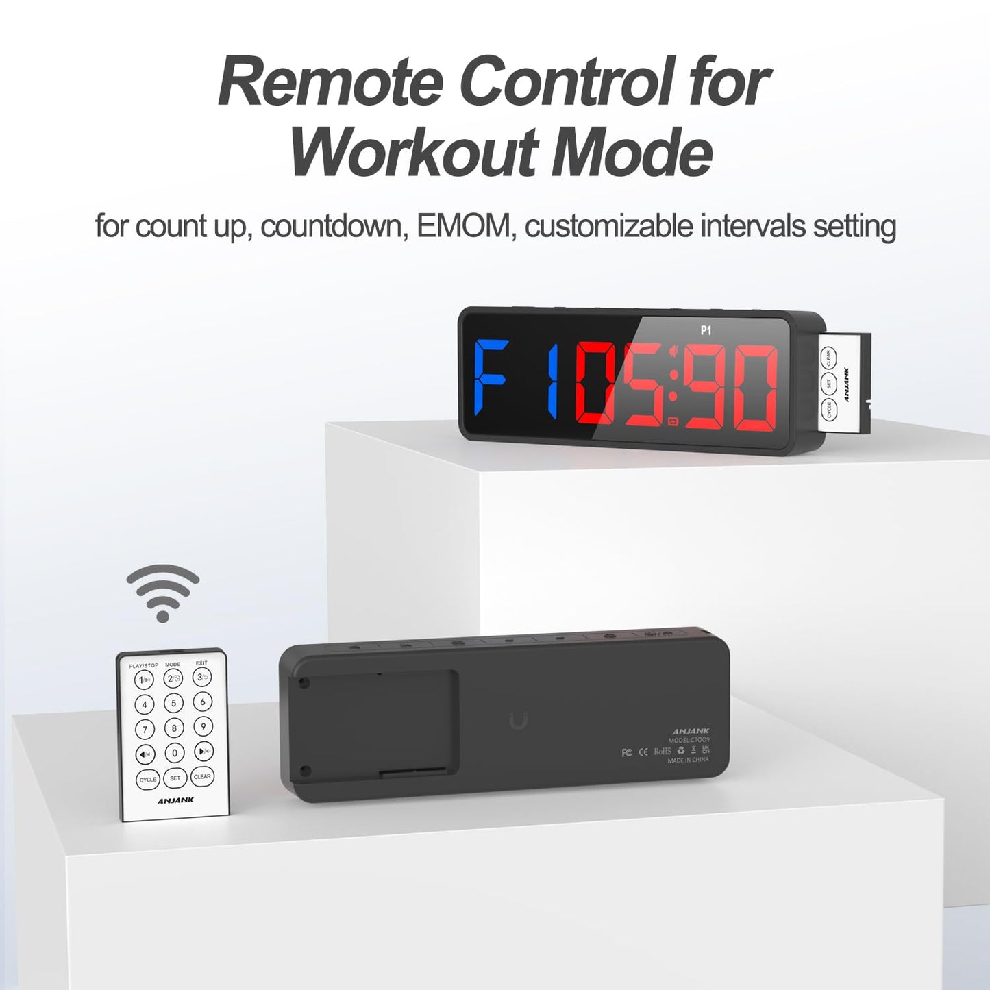 ANJANK Small Portable Gym Timer Clock, Strong Magnet, Workout Interval Timer with Powerful Battery, Stopwatch, Remote Control, Adjustable Brightness, Fitness Digital Timer for Home/Garage/Boxing