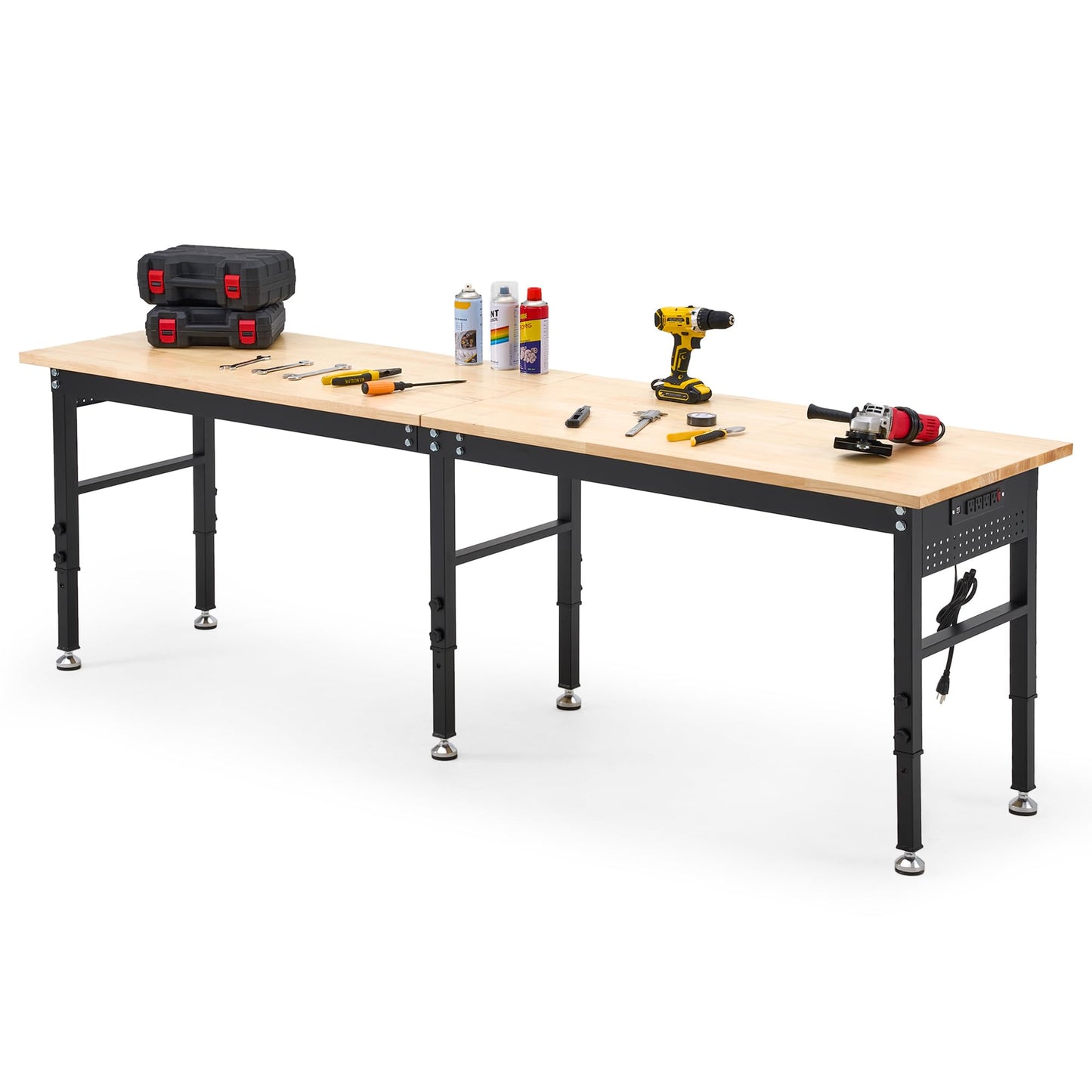 96" Adjustable Workbench with Rubberwood Top & Power Outlet, Large 96x24Inch 9-Level Height Range 27"-37", 5000 LBS Heavy Duty Capacity for Workshop, Office, Garage, Home