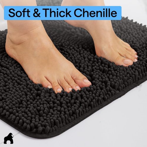 GORILLA GRIP Bath Rug Mat - Soft Absorbent Chenille | Quick Dry Microfiber, 70x24, Black