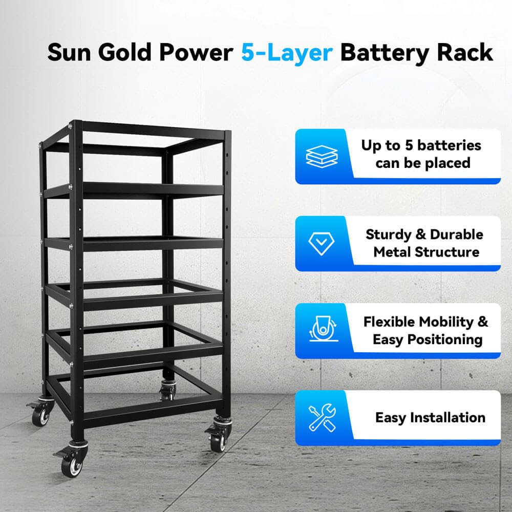SUNGOLDPOWER 3U Server Rack 5-Layer for Stackable 48V 100AH Rack Lithium Batteries, Open Ventilation Design with Wheels, for Solar System and Energy Storage