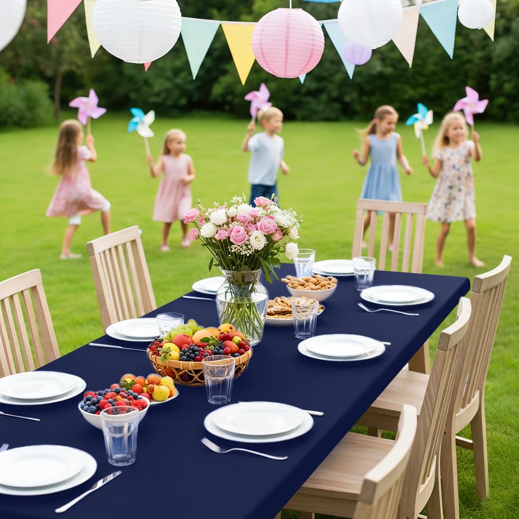 Smiry Rectangle Picnic Table Cloth, Waterproof Elastic Fitted Tablecloths for 6 Foot Tables, Washable Polyester Table Cover for Camping, Indoor and Outdoor (Navy, 30"x72")
