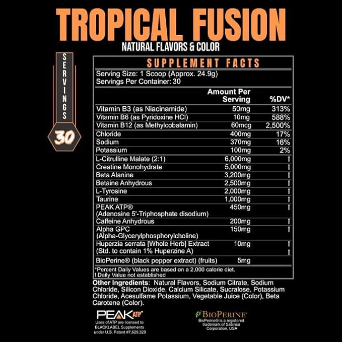 BLACKLABEL Supplements PRE Hustle V3 Pre-Workout Powder ??NSF Certified for Sport ??Energy, Strength & Endurance Support ??Tropical Fusion Flavor ??with Creatine & Caffeine ??30 Servings