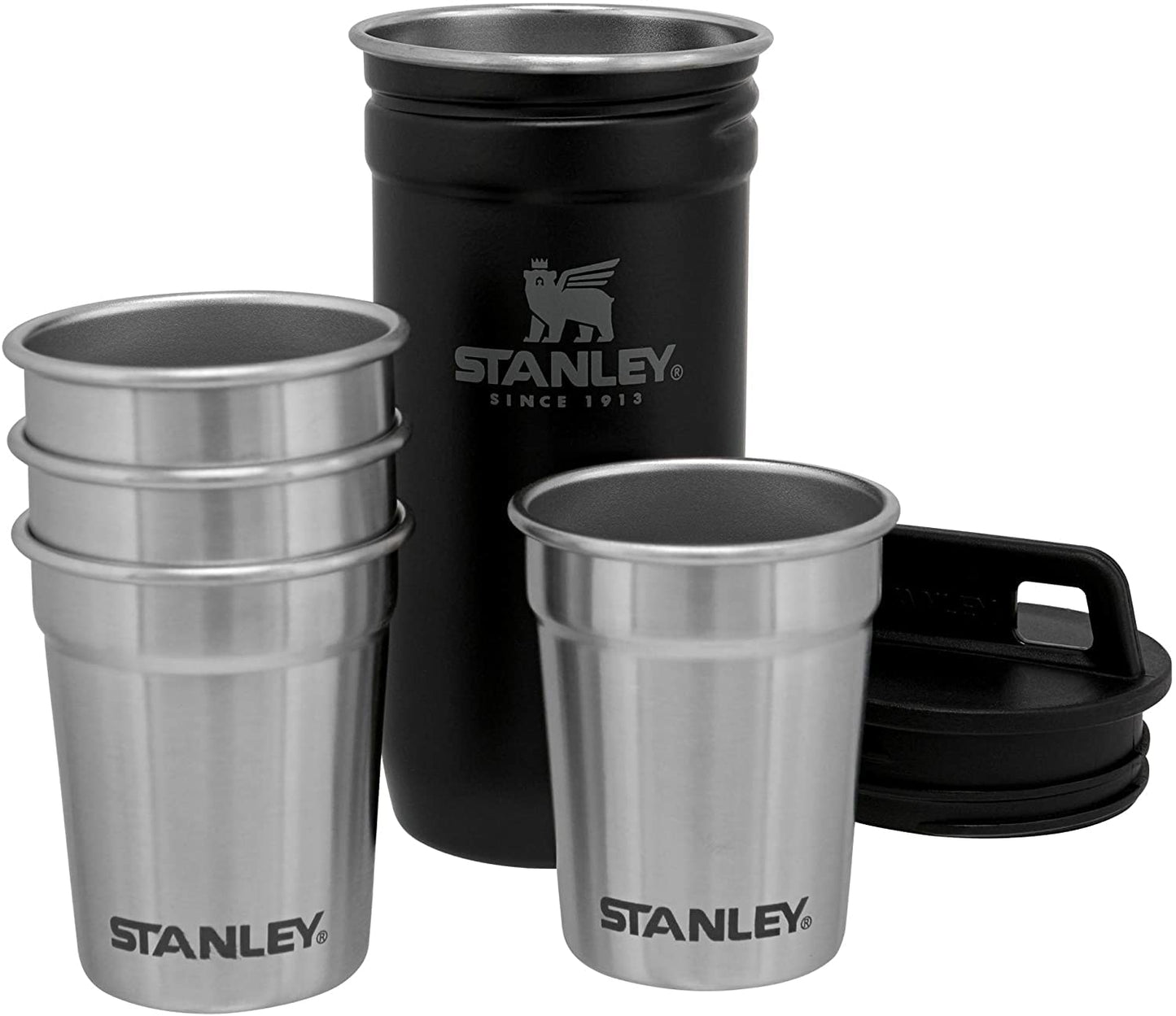 Stanley Adventure Pre-Party Flask and Nesting Shot Glass Set | 8 oz Leakproof Hip Flask | 4 Shot Glasses in Travel Carrying Case | Insulated Stainless Steel Liquor Flask | BPA-Free | Matte Black