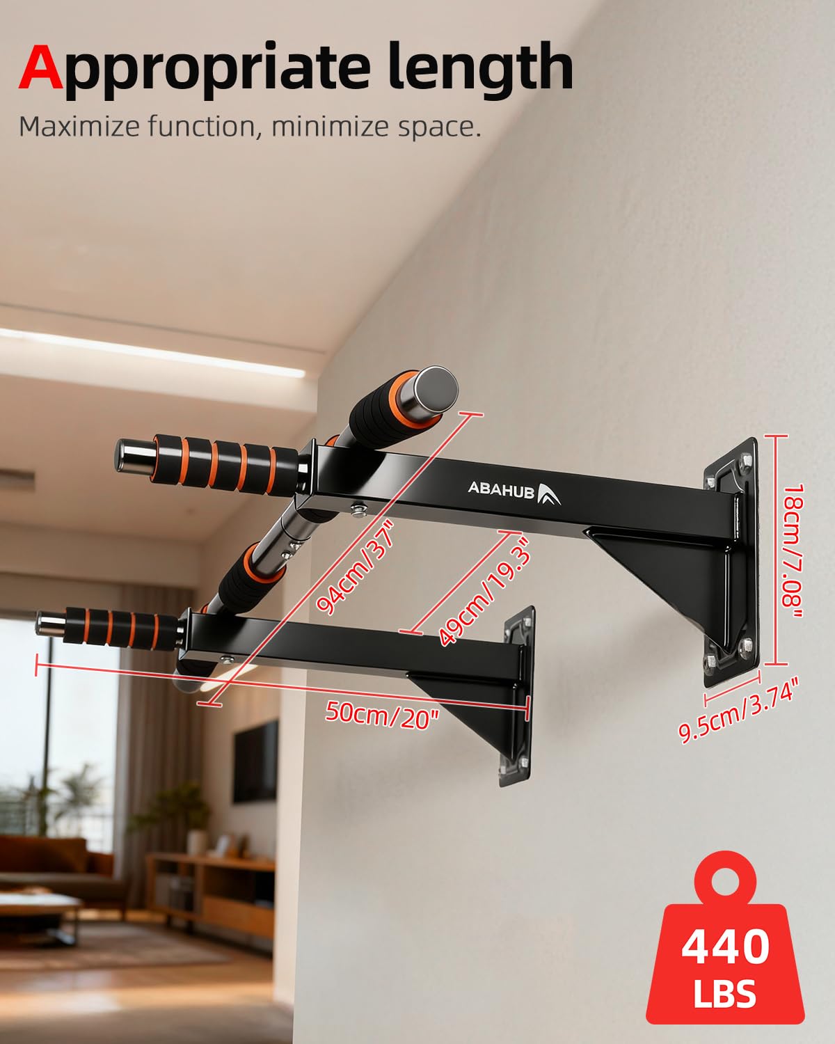 Abahub Wall Mounted Pull Up Bar, Multi-Grip Chin-Up Bar for Home Gym Workout, Drill-installed, Heavy-Duty & Stable Training Bar with 440lbs Capacity, Black-Orange