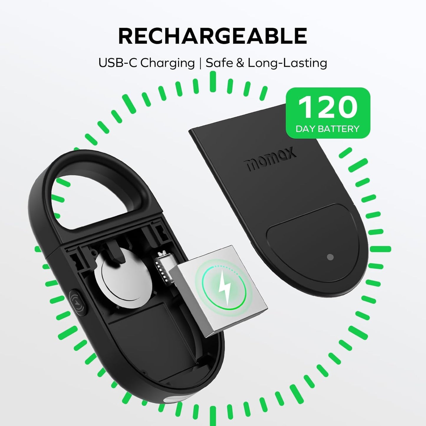 MOMAX Key Finder Tracker Tag Smart Personal Alarm Rechargeable Tracking Device with SOS Alert & LED Strobe, Find My