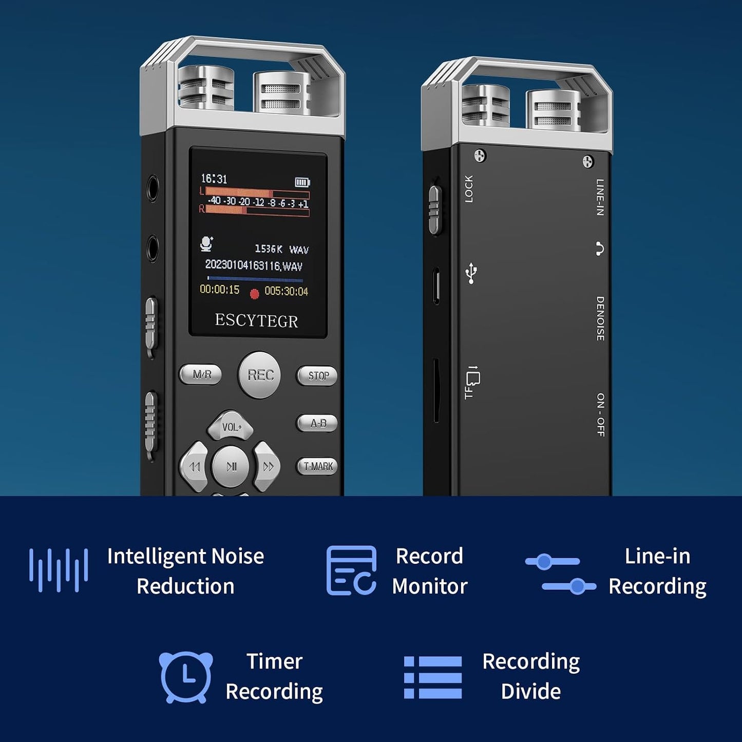 Escytegr 80GB 1536KBPS Digital Voice Activated Recorder Audio Voice Recorder with Playback Recording Device Dictaphone