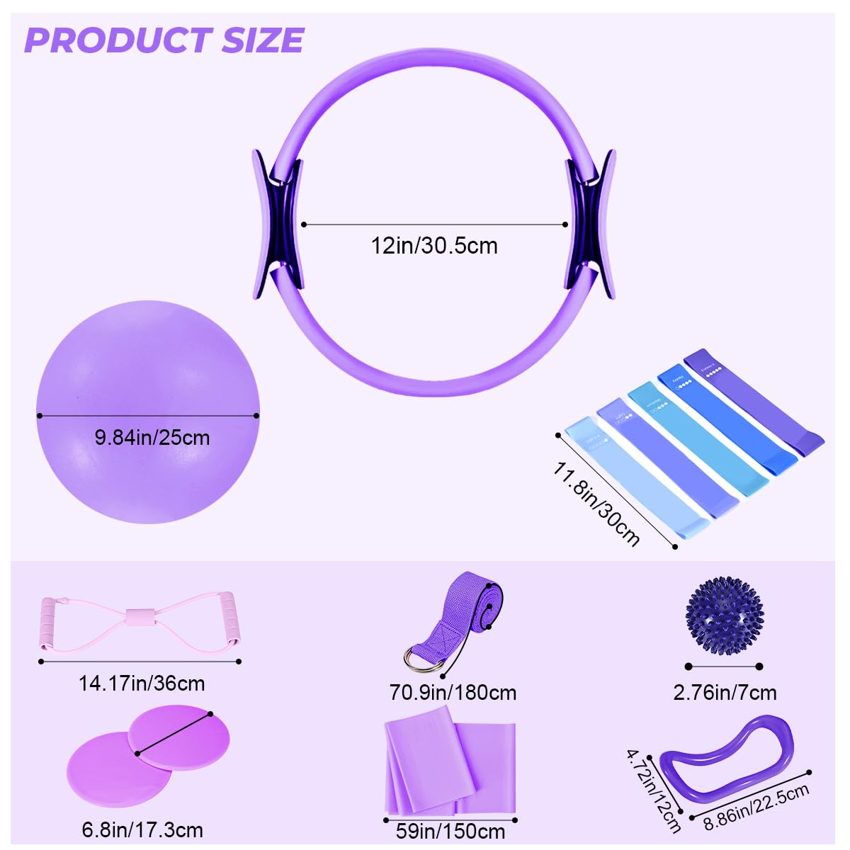 Flickzy 20 Pcs Pilates Ring Set for Women, Magic Circle Pilates Rings 12" with Resistance Bands, Pilates Kit for Home Workouts, Pilates Equipment for Strength, Toning and Flexibility(Purple,15pcs)