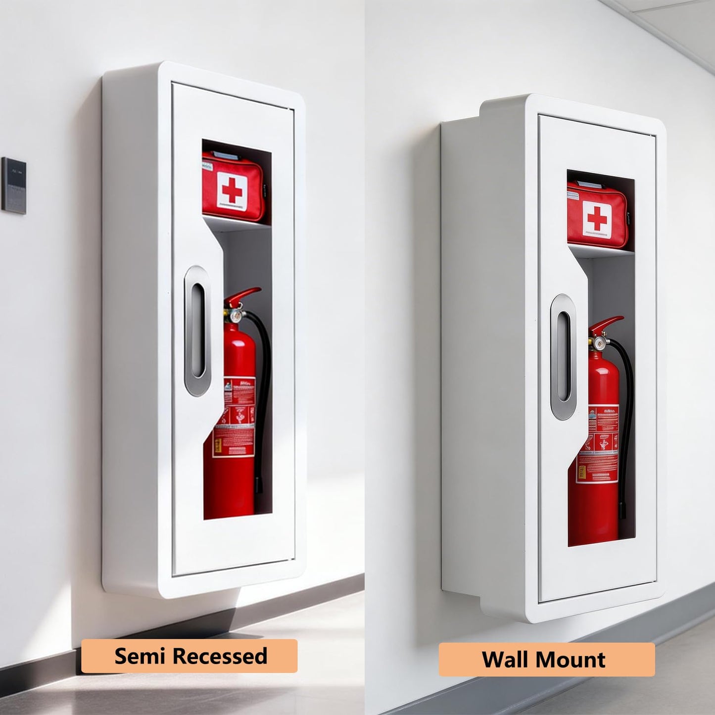 Steel Fire Extinguisher Cabinet, Magnetic Door with Acrylic Window Holds 2.5/5/10 LB Extinguisher & First Aid Kit, Semi-Recessed & Wall Mount Cabinet for Indoor/Outdoor (1PCS, White) (1, White)