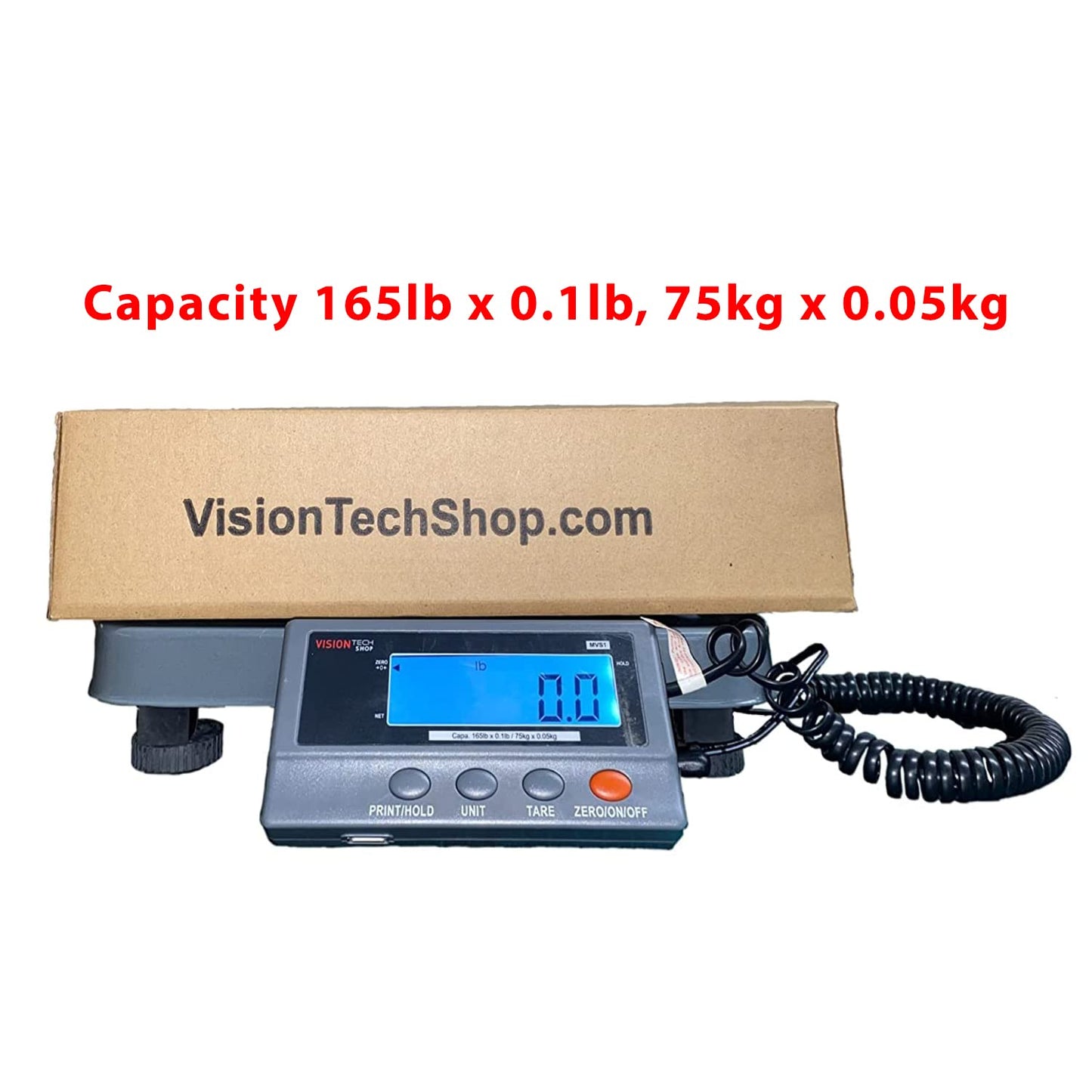 VisionTechShop MVS1 Heavy Duty Shipping Postal Scale, Lb/Kg Switchable, Capacity 165lb x 0.1lb / 75kg x 0.05kg Readability, Battery Operated, Power Adapter Included, Portable Scale for Warehouse
