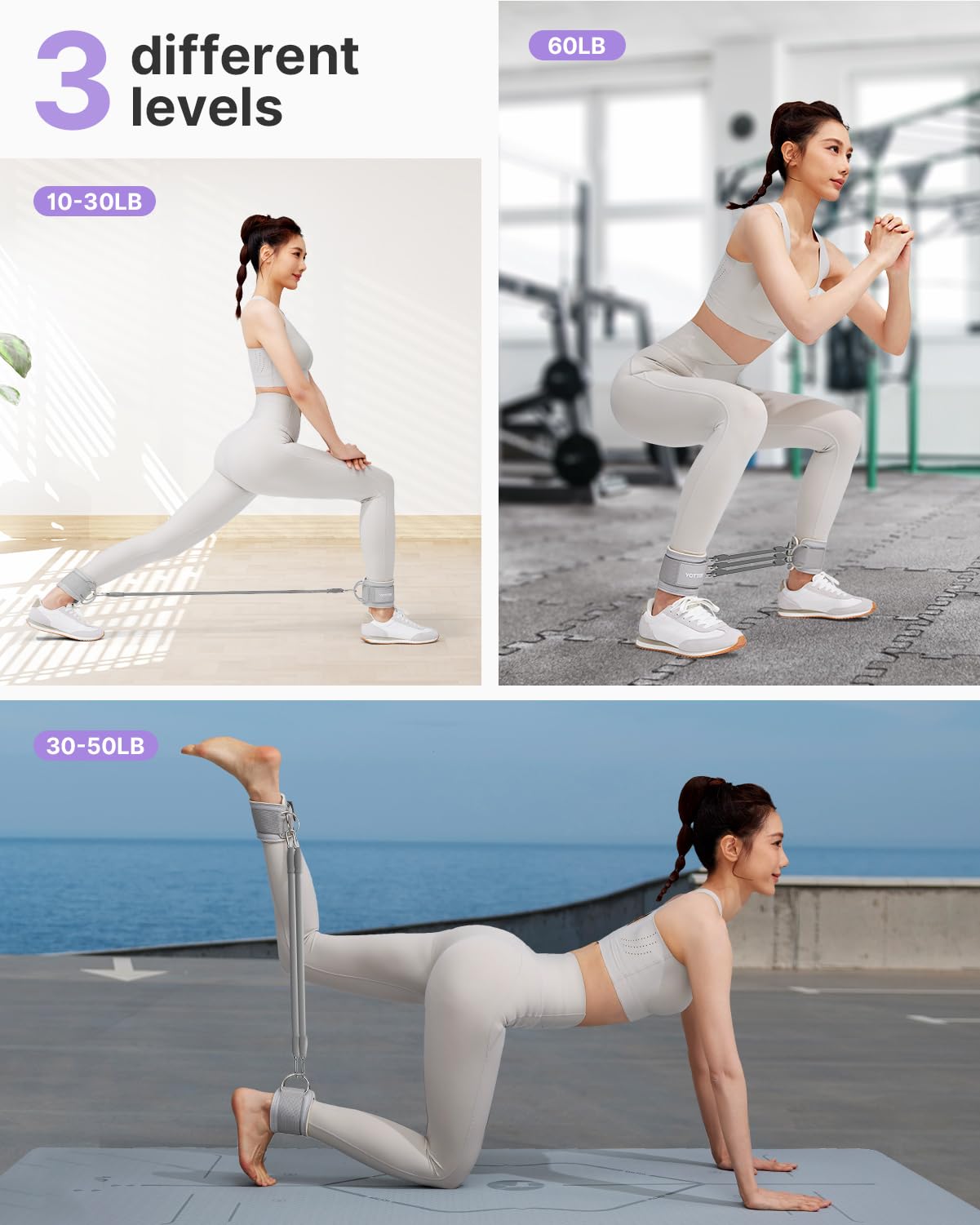 YOTTOY Ankle Resistance Bands with Cuffs, Adjustable Ankle Straps for Leg & Glute Workout, Butt Exercise Bands for Cable Machines Women, Perfect for Hip Fitness & Booty Training (Grey)