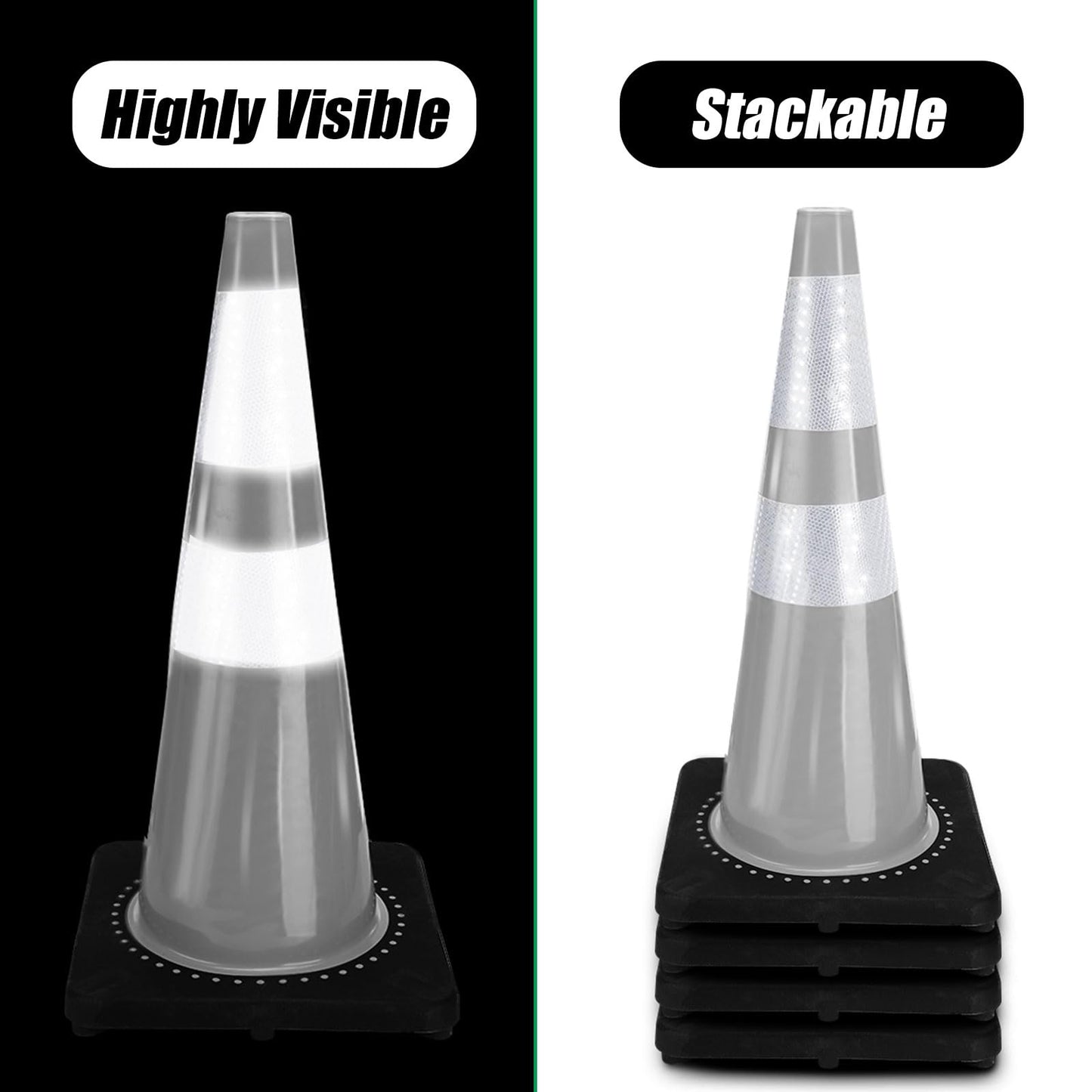 Copkim 6 Pcs Traffic Safety Cones Plastic PVC Traffic Cones with Black Base and Reflective Collars Driving Cones for Street Hazards, Training, Road Construction, Parking Lot (White,28 Inch)