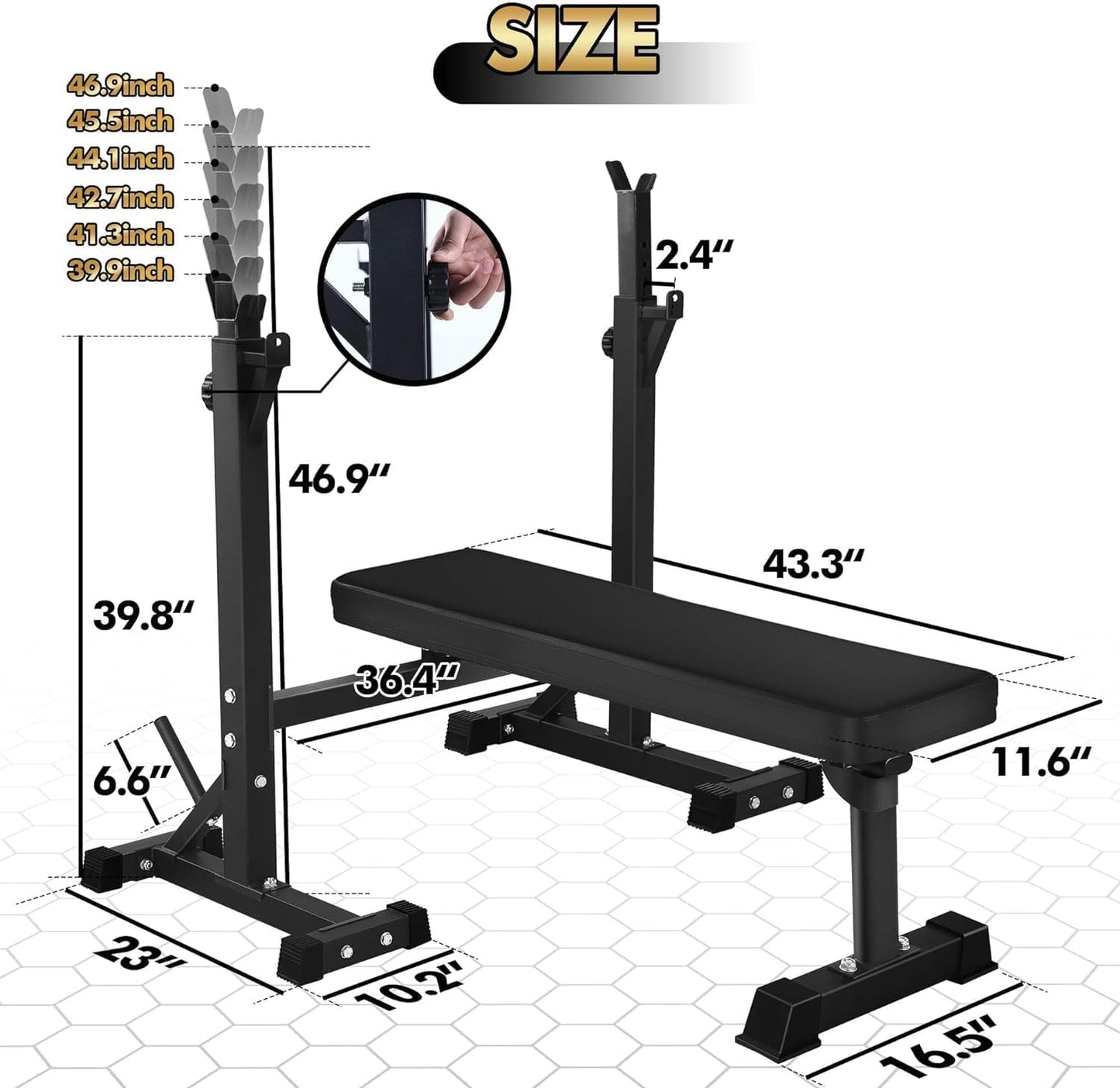 Bench Press, CANPA Olympic Weight Bench with Squat Rack Workout Bench Adjustable Barbell Rack Stand Strength Training Home Gym Multi-Function(dark black)