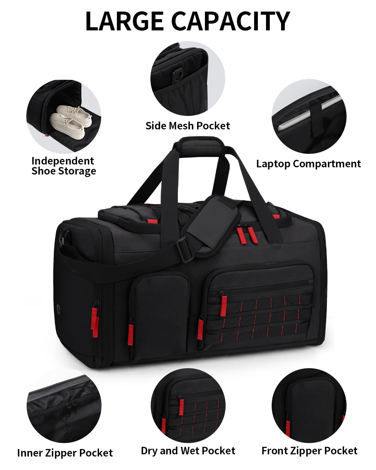DD DEVILLI Gym Bags for Men Women, 45L Sports Travel Duffle Bag with Shoe Compartment, 3 in 1 Weekener Overnight Backpack with Wet Pocket, Black