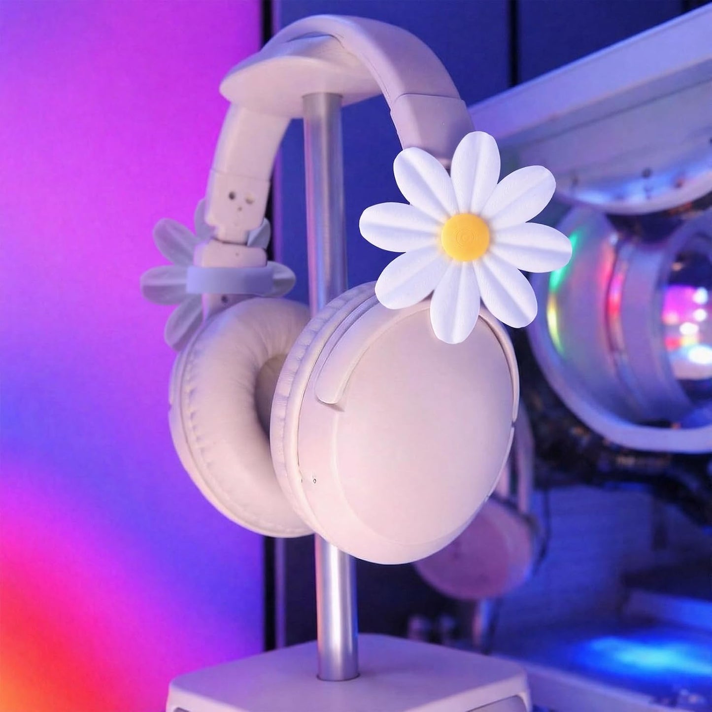 Fiwochic 2 Pack 3D Headset Headphone Accessories Decoration Daisy Flower Decor Cute Printed White Daisy Cute Attachment